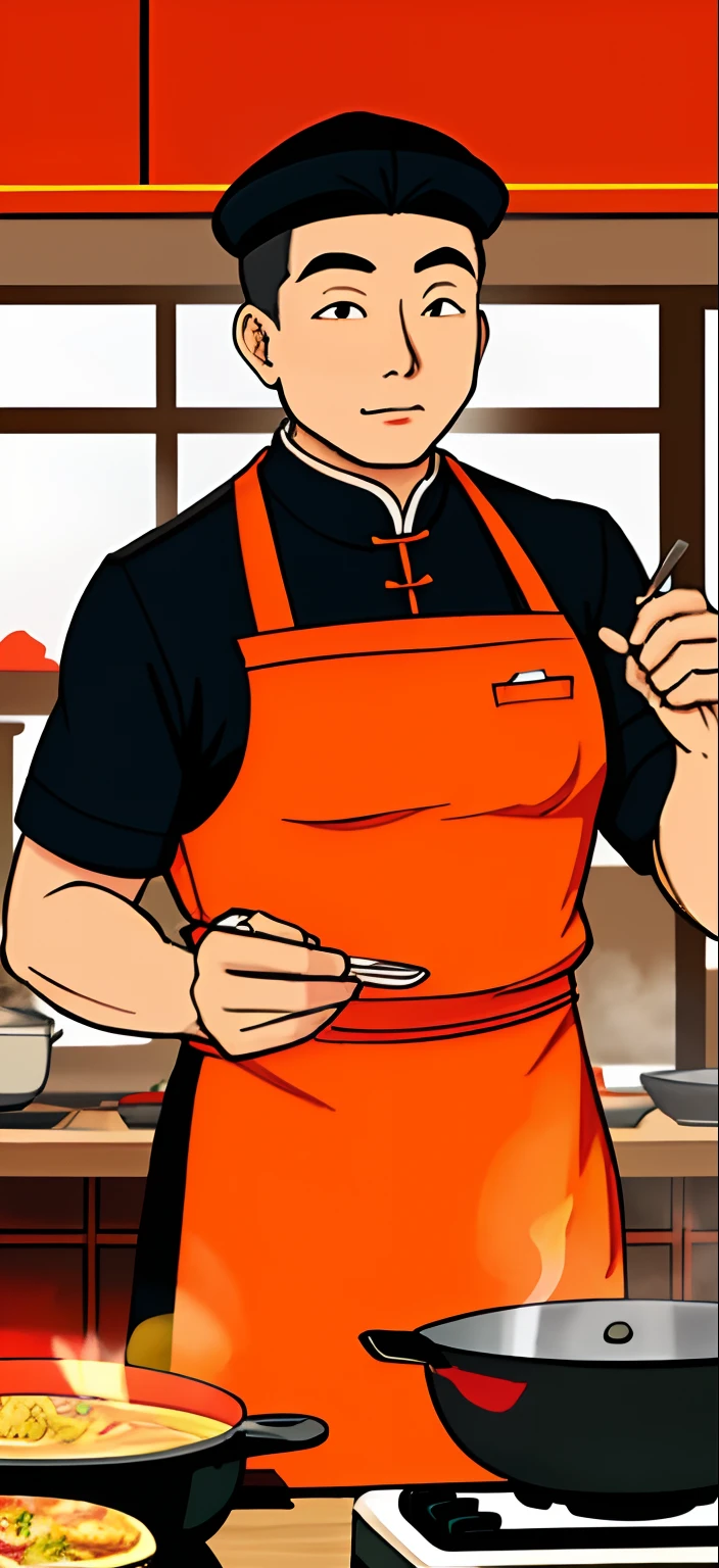 Chinese cooking poster,A man in a chef's suit and a chef's hat,I am stir-frying in front of the pan,Underneath the pot is a fire,Storybook illustration style,Light gold and orange,High contrast shadows,Marine painter,heavyshading