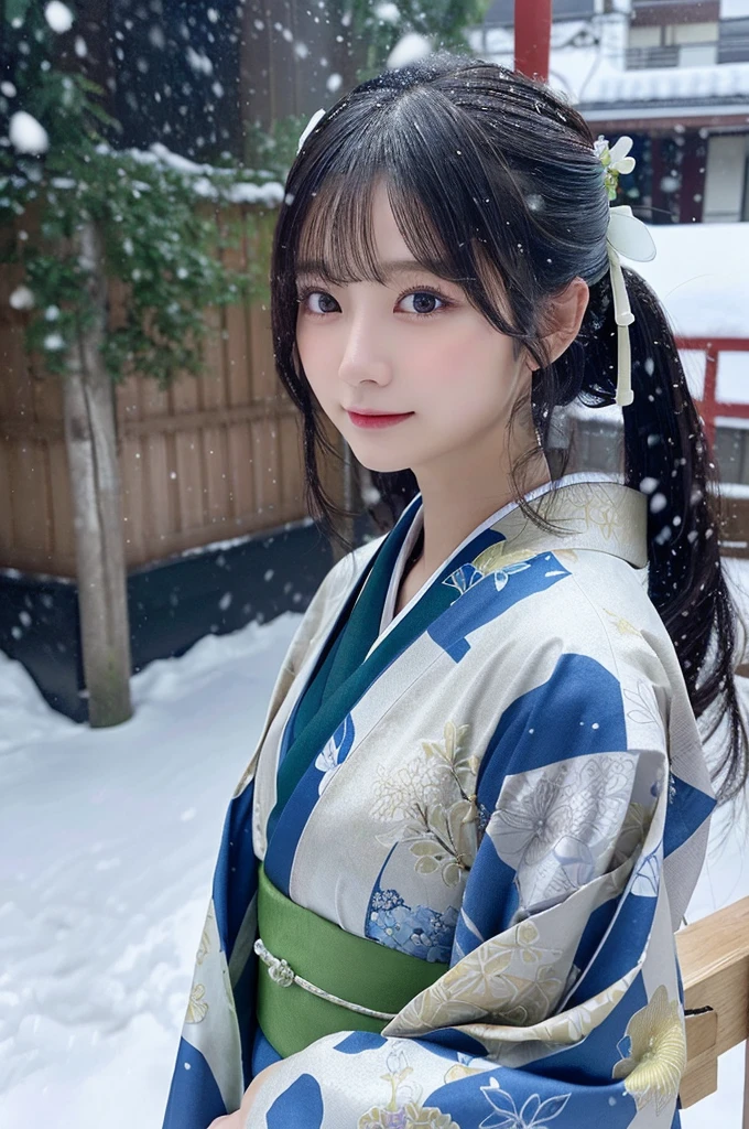 (Kimono)、、(top-quality,masterpiece:1.3,超A high resolution,),(ultra-detailliert,Caustics),(Photorealsitic:1.4,RAW shooting,)Ultra-realistic capture,A highly detailed,high-definition16Kfor human skin、 Skin texture is natural、、The skin looks healthy with an even tone、 Use natural light and color,One Woman,japanes,,kawaii,A dark-haired,Middle hair,(depth of fields、chromatic abberation、、Wide range of lighting、Natural Shading、)、、(Falling snow:1.2)、(Hair swaying in the wind:1.2)、(Snow reflects light:1.2)