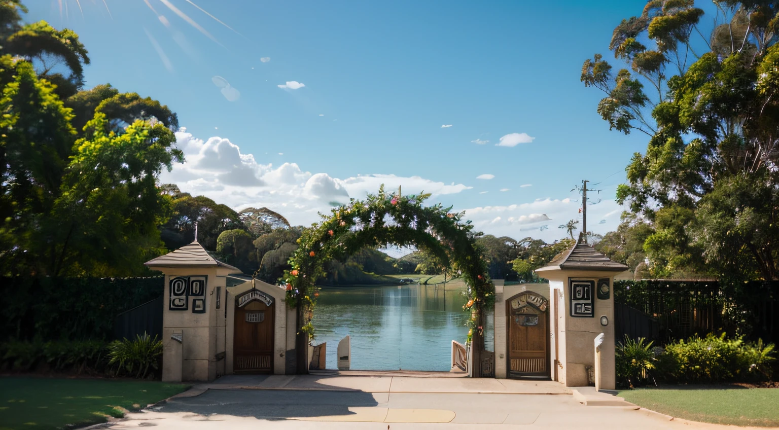 a hyper realistic photography of the Lake Entrance in Australia, no people, Nikon D850 DSLR 4k camera, 100mm lens, F 1.2 aperture setting, bright and natural lighting, vibrant, fun and relaxing atmosphere