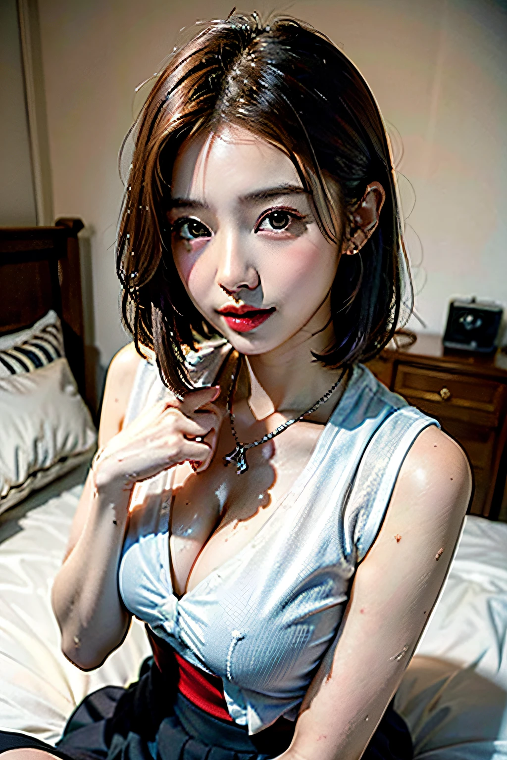 one girls、Blushing cheeks、gazing at viewer、large full breasts、A sheer white sailor suit that sticks to the chest、skirt by the、Girl in Japan uniform、Wet face,wetted skin、a wet body、wet costume、Wet hair、flower、hair pin、a necklace、piercings、from below looking up、depth of fields、pointed red mouth、short hair of reddish-brown color wet and shiny,,,(wet and disheveled hair),Red mouth,鎖骨、Beautiful fingers、portrait of a full body、Loosen your tie、Wet cute face、Bedroom、(Lie down on the bed:1.3)、(Lying on your back on the bed:1.3)、Dynamic and sexy poses、Angles that look super sexy、