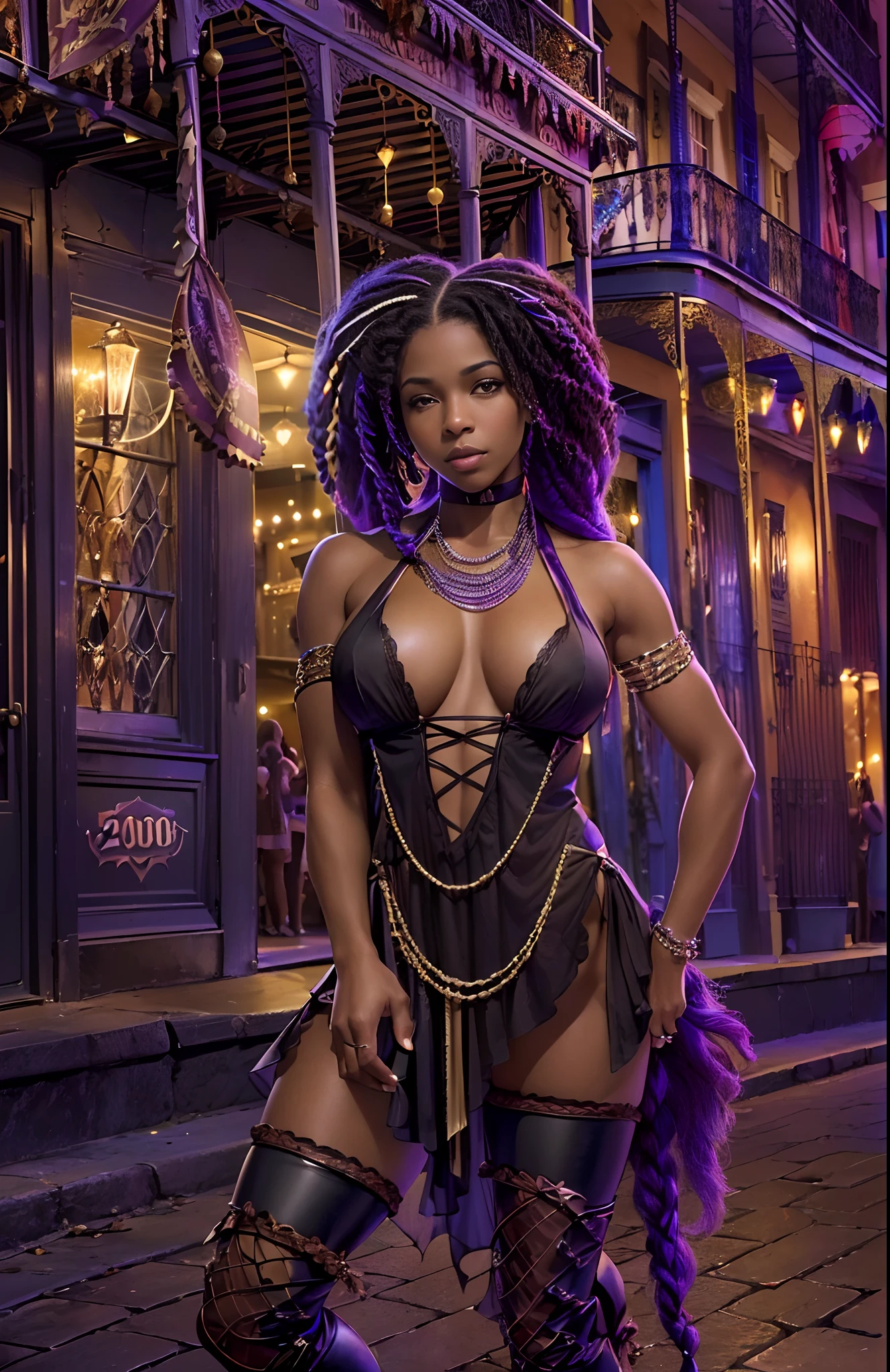 ((29-year-old))) black girl, (((light skin))), vampire, (((Bourbon Street new orleans, early 20th centurynight time during mardi grad))), (((bats flying around)))dusk, (((close-up full body pose))), (((long white braided hair))), high heel boots, (((wearing period clothing))), dark fantasy art, Rich, Deep Colours, (intricate details:0.9), (HDR, hyper-detailing:1.2), (natural skin textures, hyper realisitc, soft light, Sharp),