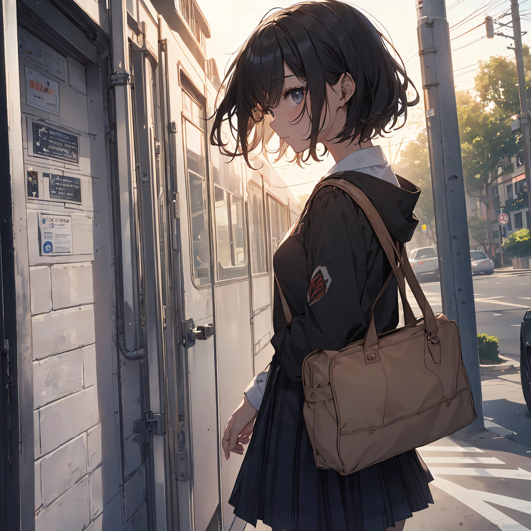 Portrait, Documentary, Photo, A girl is -yeld ger-neutral middle scrt black hair and small chest, walking on the school commute route with a tired expression, Short hair, School uniform, skirt, School commute route, High quality, Realistic, Eye-level shot, Medium shot, side view, Natural lighting, School commute,break,1girl, (Solo,Loli face,13-year-old:1.5),a junior highchotudenandrogynous flat chest, Small butt, Beautiful detailed black eyes, disgusted eye,break,((top quality,anime style, ultra-detailed,high resolution,extremely detailed CG,unity 8k wallpaper,by famous artist,perfect anatomy,super detailed skin,cinematic lighting)),