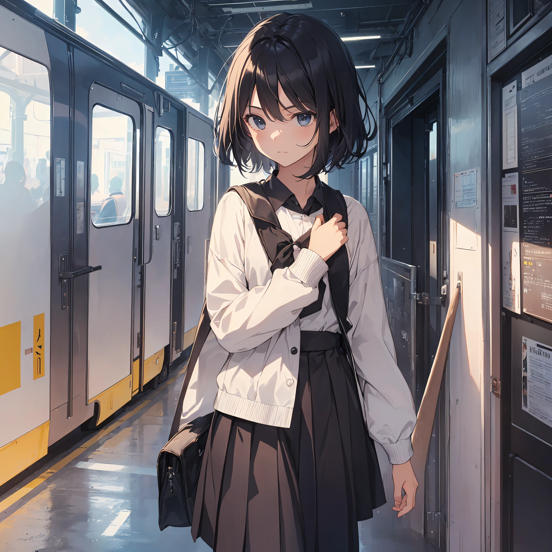 Portrait, Documentary, Photo, A girl is 13-year-old gender-neutral middle school student with short black hair and small chest, walking on the school commute route with a tired expression, Short hair, School uniform, skirt, School commute route, High quality, Realistic, Eye-level shot, Medium shot, side view, Natural lighting, School commute,break,1girl, (Solo,Loli face,13-year-old:1.5),a junior high school student, androgynous charm, (Very Short hair), flat chest, Small butt, Beautiful detailed black eyes, disgusted eye,break,((top quality,anime style, ultra-detailed,high resolution,extremely detailed CG,unity 8k wallpaper,by famous artist,perfect ???????,super detailed skin,cinematic lighting)),
