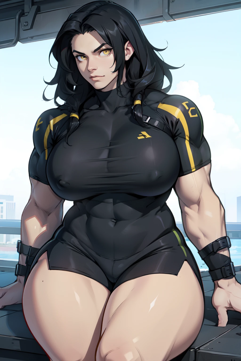 solo muscular thick thighs huge breasts black hair yellow eyes pale skin