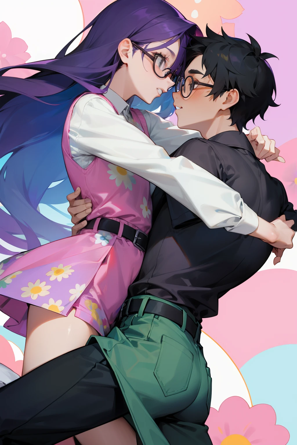 um casal de adolescentes apaixonados declarando o sei amor um para o outro,with a girl who has long purple hair, With eye Glasses, wearing a pink long-sleeved blouse with a single daisy print and a pair of green shorts with a pink belt and a young man with short, black hair, He wears a gray short-sleeved sweater vest over a white long-sleeved dress shirt and black pants