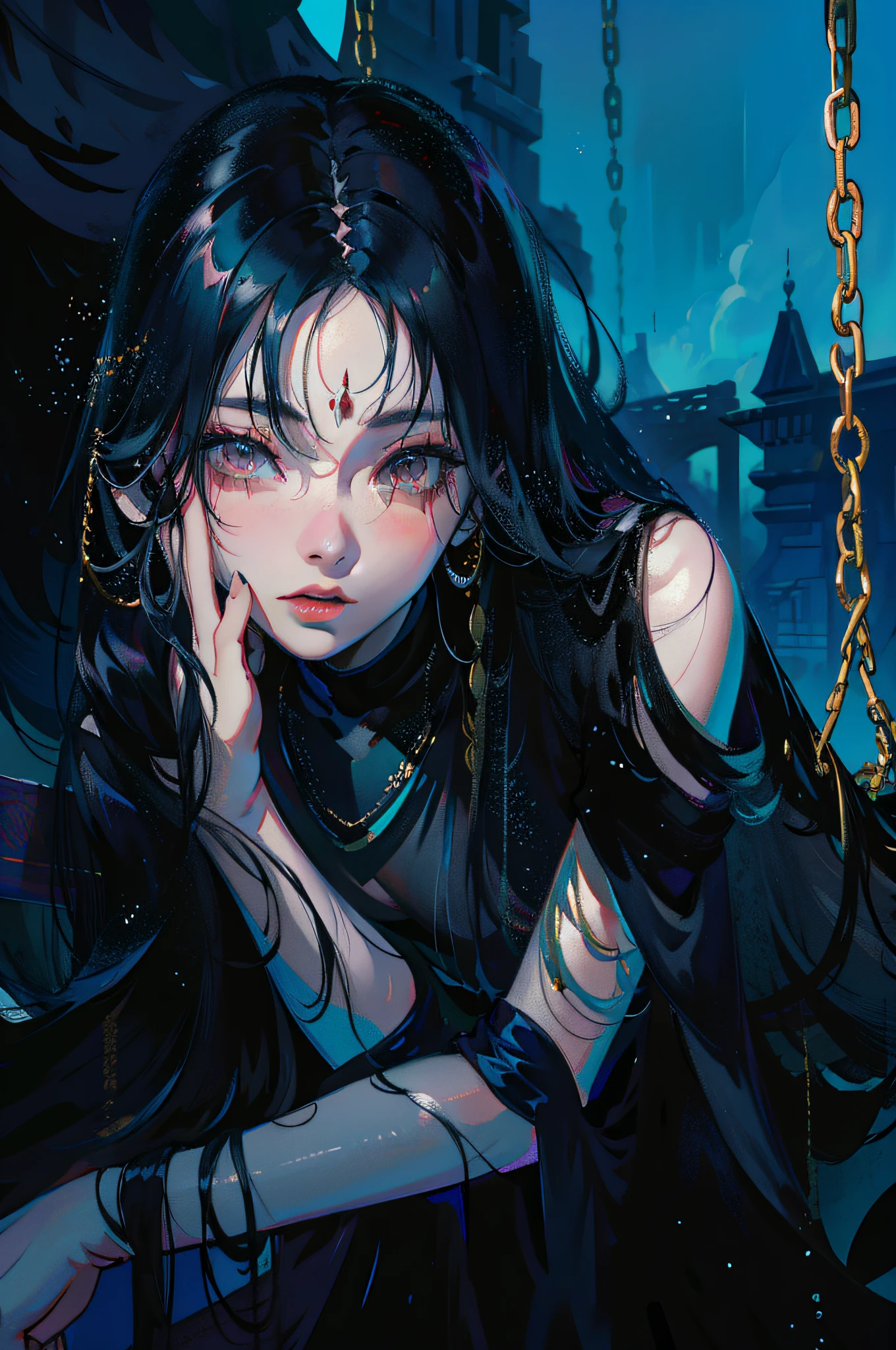 Arafi woman with long black hair sitting on a swing, Zhang Jingna, iu lee ji-eun as a super villain, blackpink jennie, author:Golden Farmer, Shin Jinying, author:Zhang Han, Lu Ji, bae suzy, cruel korean goth girl, steven klein, author:Tadashi Nakayama, Fan Bingbing, 3 0 0, seseon yoon