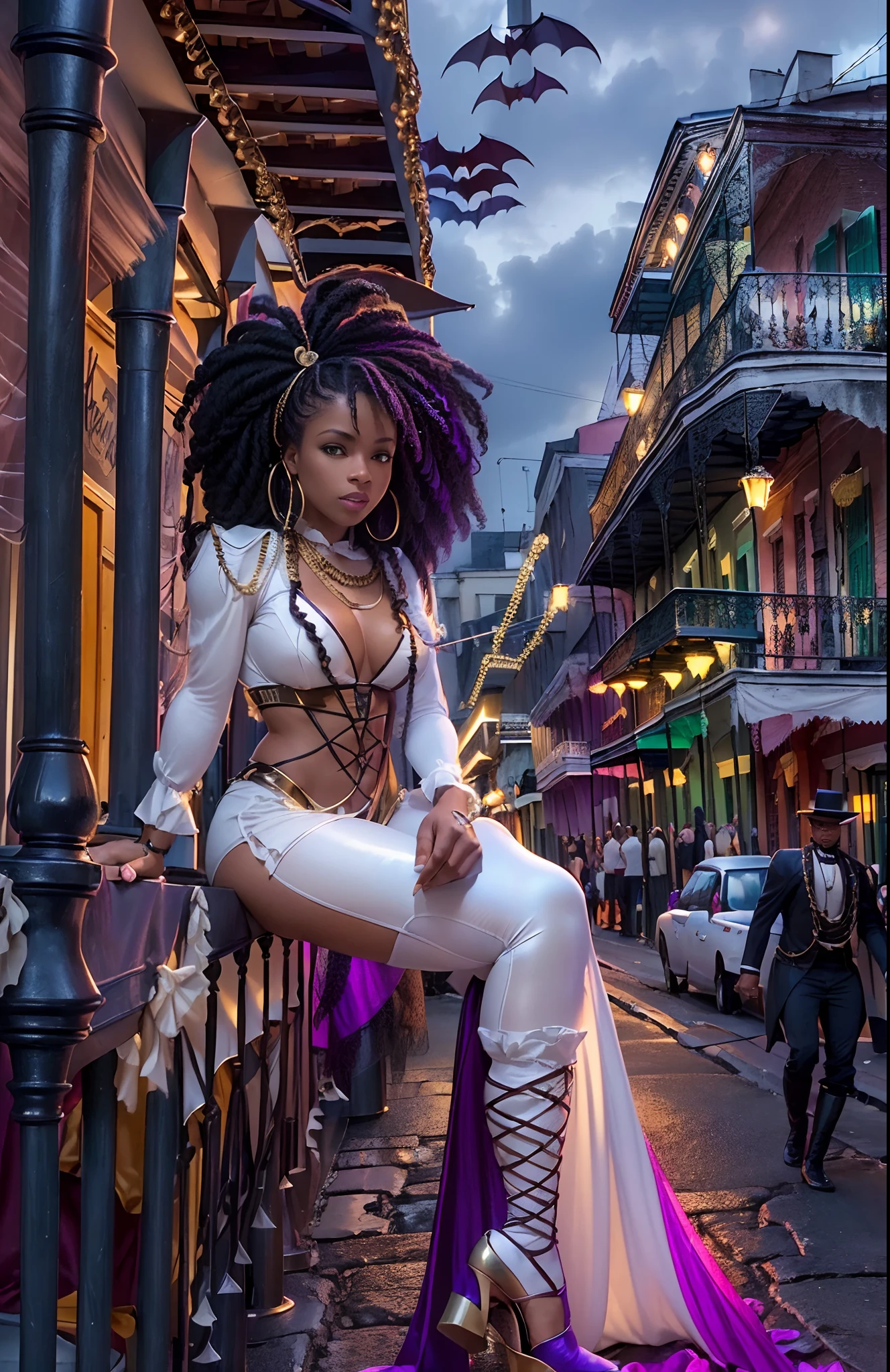 ((29-year-old))) black girl, (((light skin))), vampire, (((Bourbon Street new orleans, early 20th centurynight time during mardi grad))), (((bats flying around)))dusk, (((close-up full body pose))), (((long white braided hair))), high heel boots, (((wearing period clothing))), dark fantasy art, Rich, Deep Colours, (intricate details:0.9), (HDR, hyper-detailing:1.2), (natural skin textures, hyper realisitc, soft light, Sharp),