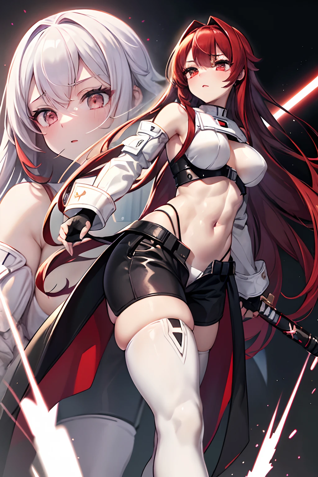 masterpiece, highest quality, (solo focus), (perfect face:1.1), (high detail:1.1),dramatic, 1girl, (pale skin), white eyes, solo, long black and red hair, medium breasts, white luxury suit, shorts and thigh high boots, covered navel, covered cinematic lighting, black background and white explosion, white aura, lightsaber, upper view, fighting stance, close up
