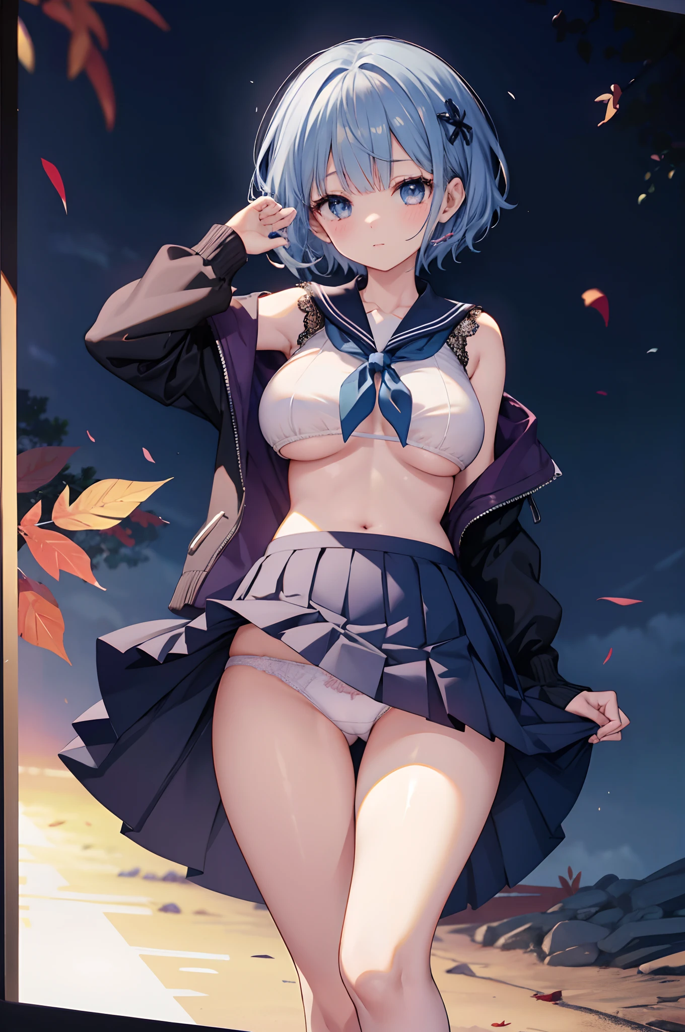 (masterpiece、Highly detailed 8K CG、Sharp lines)、hi-school girl、blue hairs、cute little、serafuku、White underwear and skirt、skirt rift、panties on、thighs thighs thighs thighs、Sexy poses showing anime style、Beautiful anime girl、A seductive anime girl、Smooth Anime CG Art、Beautiful anime schoolgirl、Beautiful anime girl、Long-sleeved sailor suit、Dark blue cardigan、Navy blue pleated mini skirt、autumnal、Colored leaves、Curve、No bra、(Lifting skirt、White lace panties visible:1.2)、thighs thighs thighs thighs、(Navel Ejection:0.4)、Dynamic Pose Beautiful and perfect legs, Clean and perfect hands、Straight short hair、One eye is hidden by bangs、Black pantyhose、Wear black stockings、White panties showing through black stockings、(Clearly visible detailed female pubic shape: 1.4)、very Bigger breasts、Colossal tits、