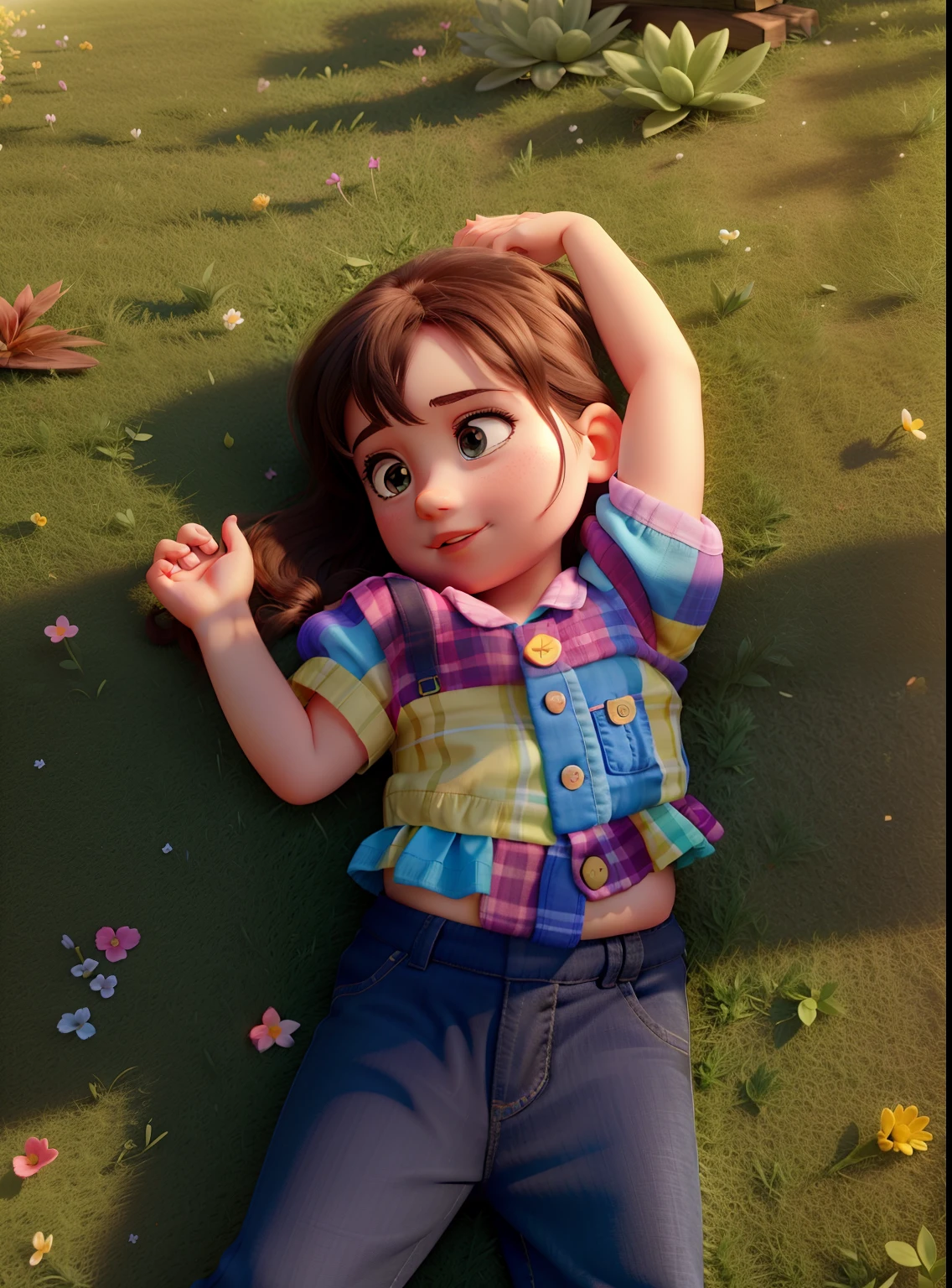 A beautiful baby girl lying on a lawn with a colorful outfit and a beam of sunlight illuminating her face