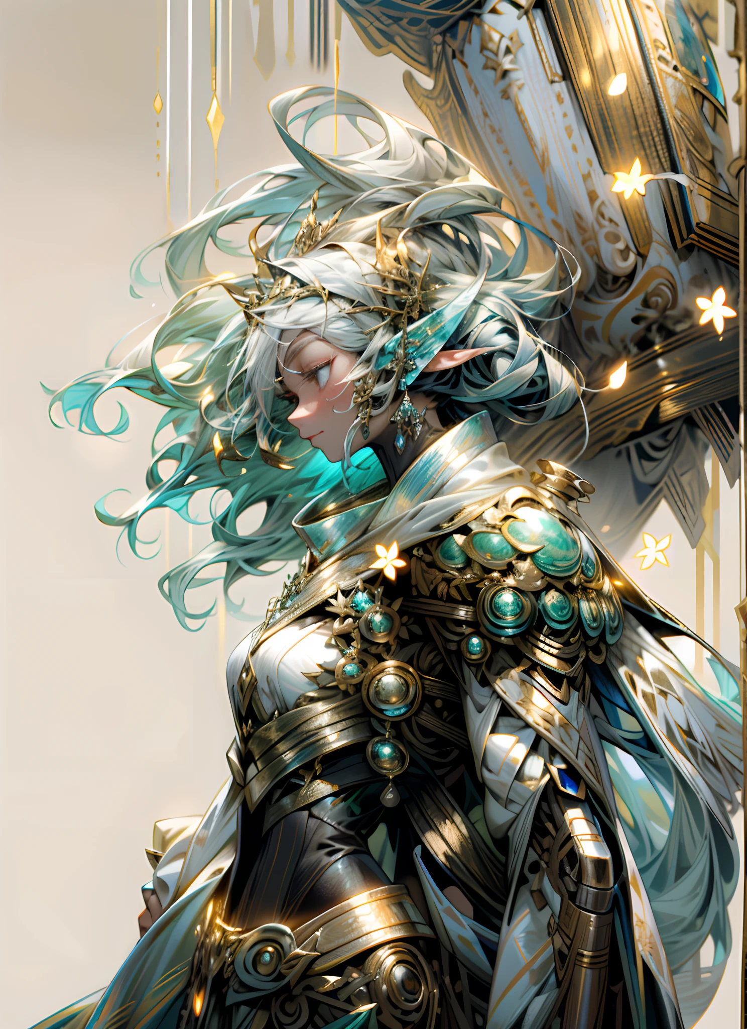 A sexy Fairy princess, snow, ice, icy breath, mist breath, cotton, ice blue, rings, skin, 24k As the mist settles over the swamp, a holographic gold and filigree silver portrait emerges, perfectly shaped and polished to perfection. An full body shot of an Elfgirl wearing a subtle autumn multi-color skirt shaped like a mushroom, on her head she wears a crown of autumn leaves twigs and flowers, in a plush autumn forest clearing which is the forest shimmers with an almost faint bioluminescents, dark as night, a lighted forest clearing at evening 8k
