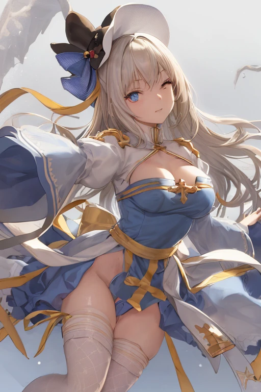 Texture CG, ((ultra-detailliert)), ((masutepiece)), (extremely details CG), 1girl in, Solo, Fantasy, blond Long Hair, (((White Puff Sleeves))), Ragnarokács, Pointing Pose:1.5, both hands in front, ((Halloween Party)), Lori, , Loli face, Curve, Beautiful detailed eyes, gleaming skin, with eyes half-closed, blank eye, Cross-eyed:1.5, Blue eyes, lightsmile, embarrassed:1.4, , white thigh highs, Gold Sash, Cowboy Shot, Huge breasts, hair between eye, White blue dress from neck to chest, Standing, pelvis curtain, (from the front side:1.5), cleavage cutout, Long blue skirt with slit, (Bule Wide Sleeve), ((Blue Dress Short Front)), Cross, plein air, Cemetery at night,Thong Panties, C-string T-back ,Show off panties ,White thong,Very sheer panties ,Very thin panties,pantyshot,
