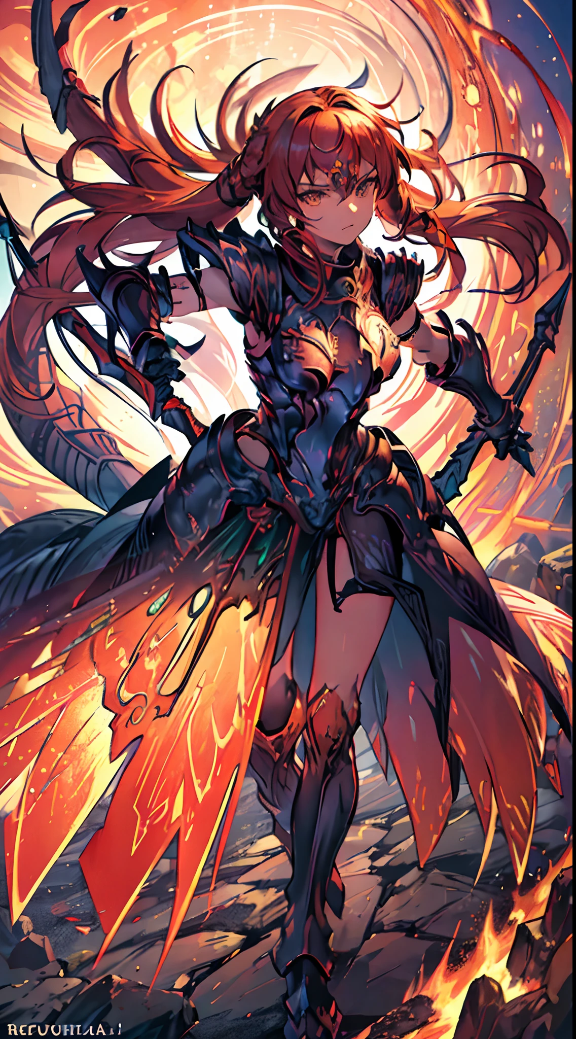 (best quality, high-res), ultra-detailed, realistic, dragon knight, potrait, red-haired girl with long flowing hair, large breasts, wearing armor, holding a long spear, standing from head to toe, against a fiery background, vibrant colors, dramatic lighting, intricate armor details, intense expression, fierce and determined eyes, delicately painted features, capturing the strength and beauty of the girl, showcasing her heroic qualities and her connection with the mythical dragon, dynamic pose, strong and confident stance, highlighting her warrior-like demeanor, epic and awe-inspiring scene