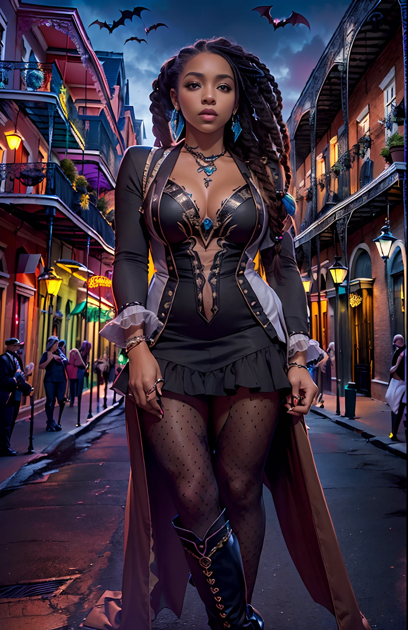 ((29-year-old))) black girl, (((light skin))), vampire, (((Bourbon Street new orleans, early 20th centurynight time during mardi grad))), (((bats flying around)))dusk, (((close-up full body pose))), (((long white braided hair))), high heel boots, (((wearing period clothing))), dark fantasy art, Rich, Deep Colours, (intricate details:0.9), (HDR, hyper-detailing:1.2), (natural skin textures, hyper realisitc, soft light, Sharp),