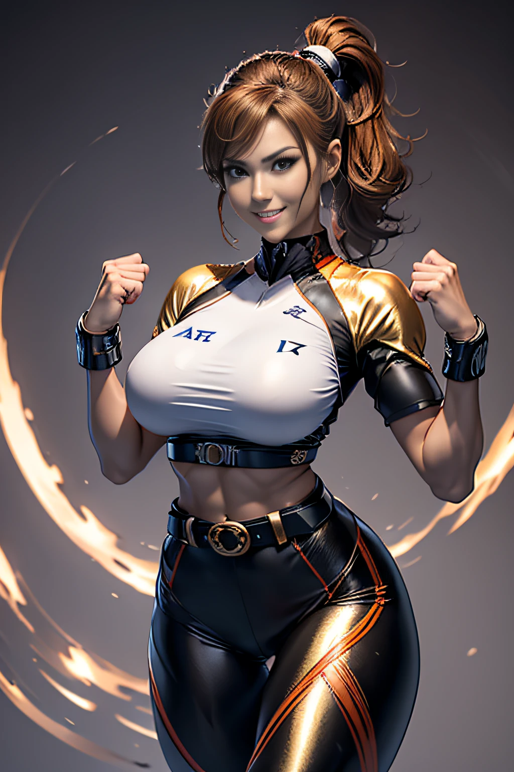 Arafe woman solo with ponytail hair、Fighting Game Fighter、Fitness Model、Big breasts about to burst、No exposed skin、Metallic orange combat suit、thin and long legs,、Fitness Body Shape、half-pants、White belt、Pose ready to fight、Mischievous smile