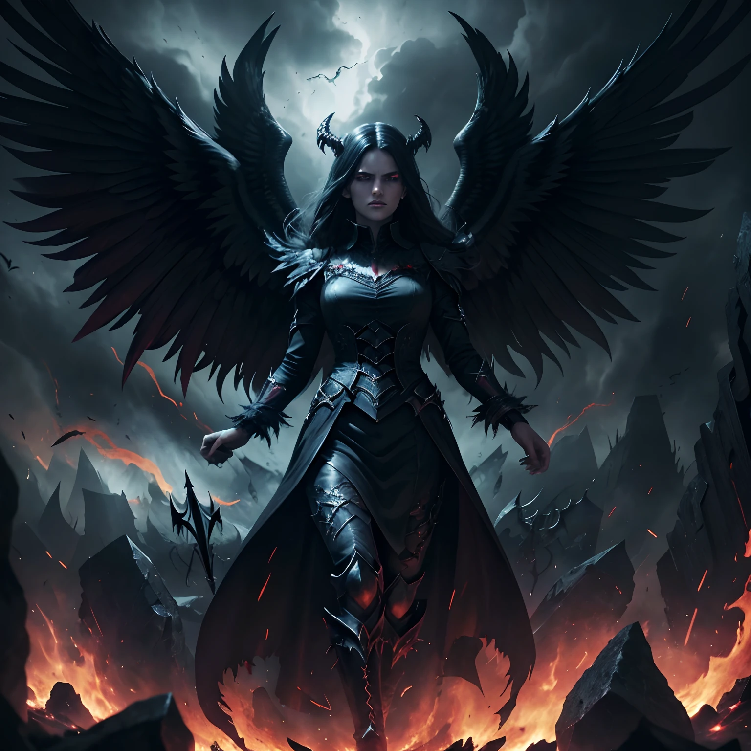 Asian woman with black eyes descending from a dark sky,with red tones,she with white wings and sexy armor generate 10 photos