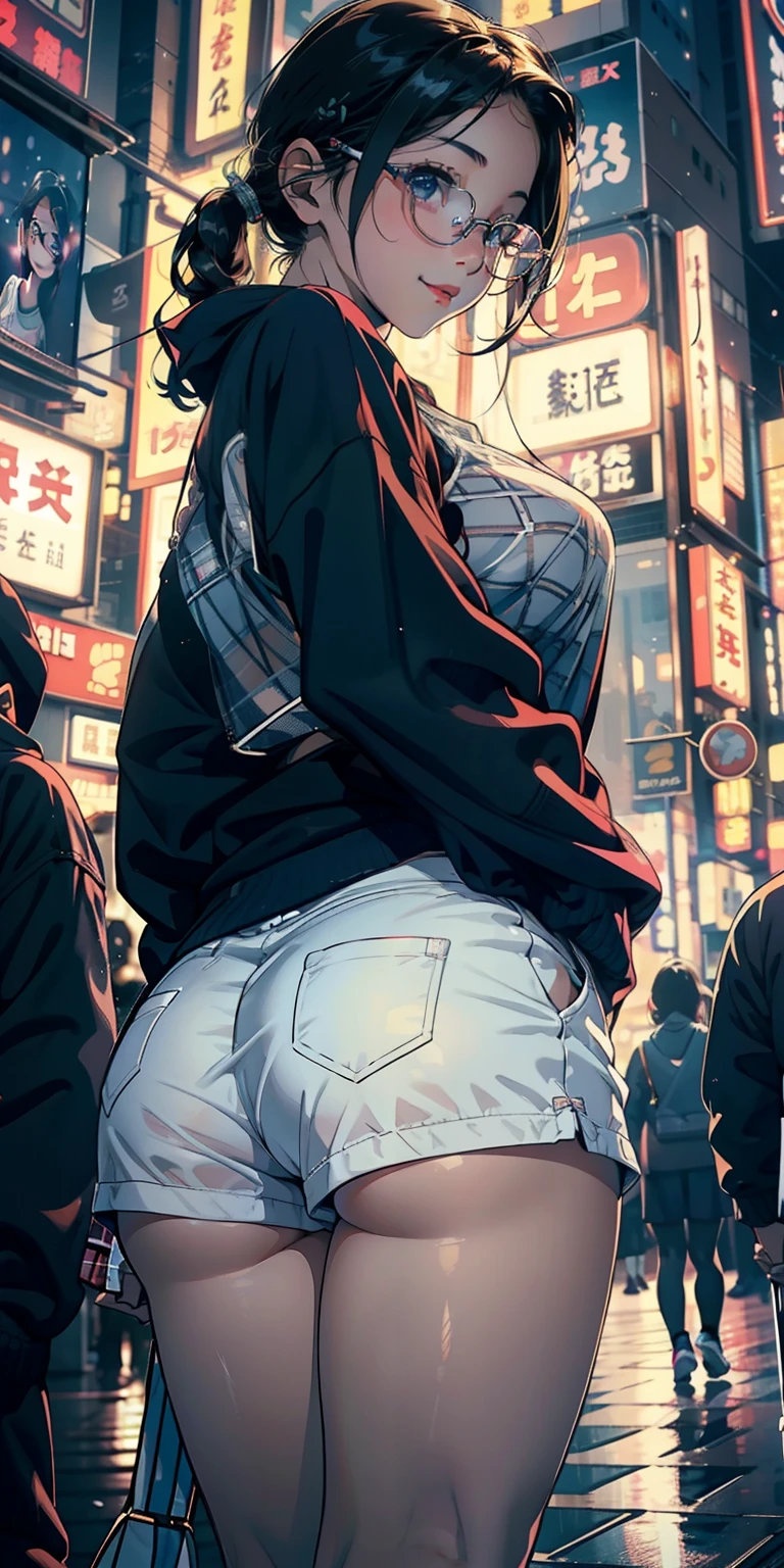 realisticlying、 girl、Close-up shot from the ground wearing see-through white sneakers、Wear plaid shorts that accentuate your buttocks、Breasts enlarged、Versatile sexy poses、Wearing glasses、Face smile、Tokyo on Christmas Night、sexly