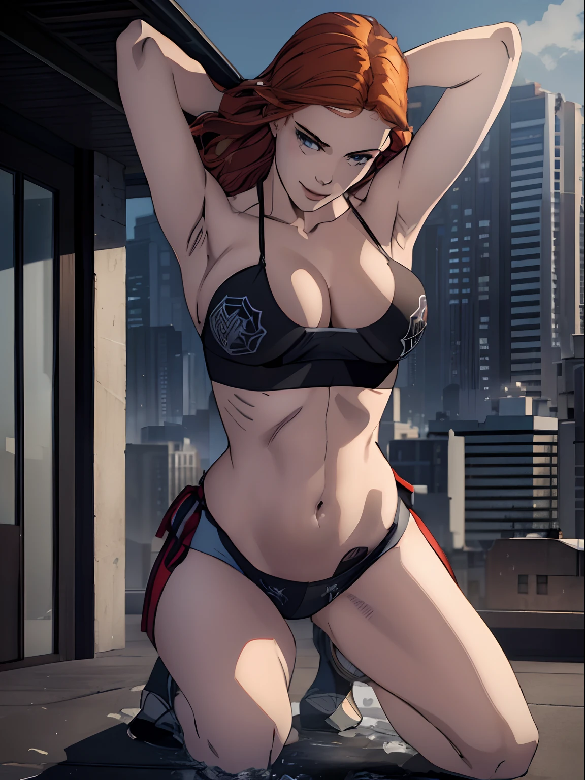 (masterpiece, top quality, best quality, official art, beautiful and aesthetic:1.2), (1girl:1.3), (gorgeous face), age19, irish  redhead, wavy ginger hair, shoulder length ginger hair, light grey eyes, some small freckles, pale skin, A-cup, small breasts, runners body, (full body:0.6), detailed background, close up, (airy modern theme:1.1), arched back, kneeling, smile, standing on roof top, sports bra, leggings, wet, workout gear, city skyline, well-lit, slim waist, slim hips, long legs, modern, background, dark mysterious lighting, shadows, magical atmosphere, high angle,