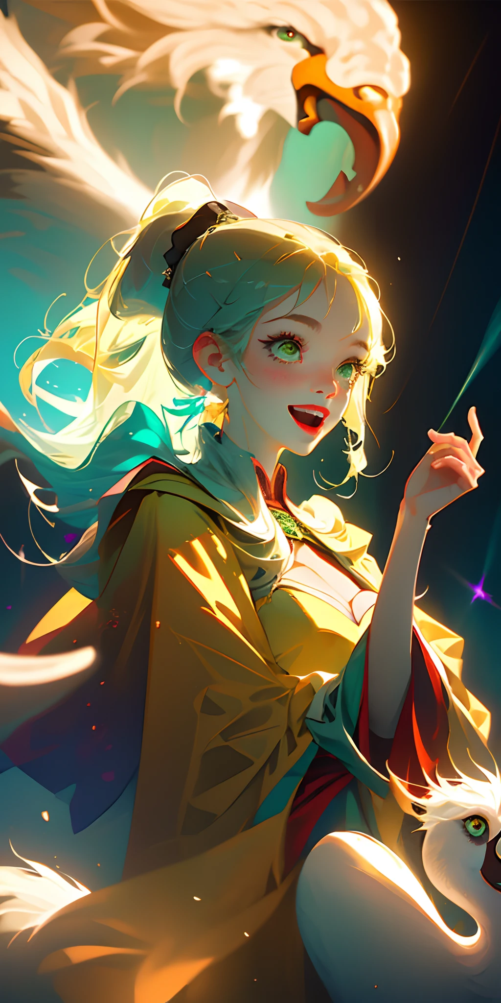 1girl, very pale complexion, witty face, laughing, young, big foxy green eyes, angelic, folk, high ponytail, swan yellow Celtic robes, fairytale, singing, freedom, carnival, galway lights, ecstasy