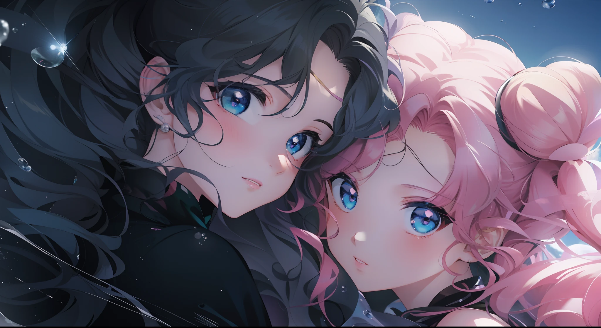 Anime couple hugs each other with pink hair and blue eyes, style of anime4 K, Anime art wallpaper 4 K, Anime art wallpaper 4k, Anime art wallpaper 8 K, Anime wallpaper 4 k, Anime wallpaper 4K, 4K anime wallpaper, zerochan art, High-quality fanart, Guviz-style artwork, Detailed digital anime art