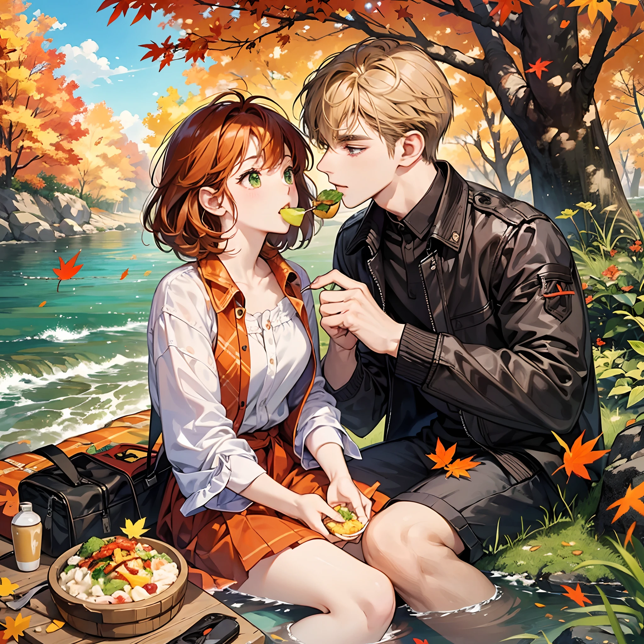 Romantic picnic at a river in autumn. Orange leafs are falling down into two characters. One is a cute ginger haired with green eyes anime girl, the other is a cute brown short haired with brown eyes anime man. They are feeding each other food. The man puts food in the mouth of the woman.
