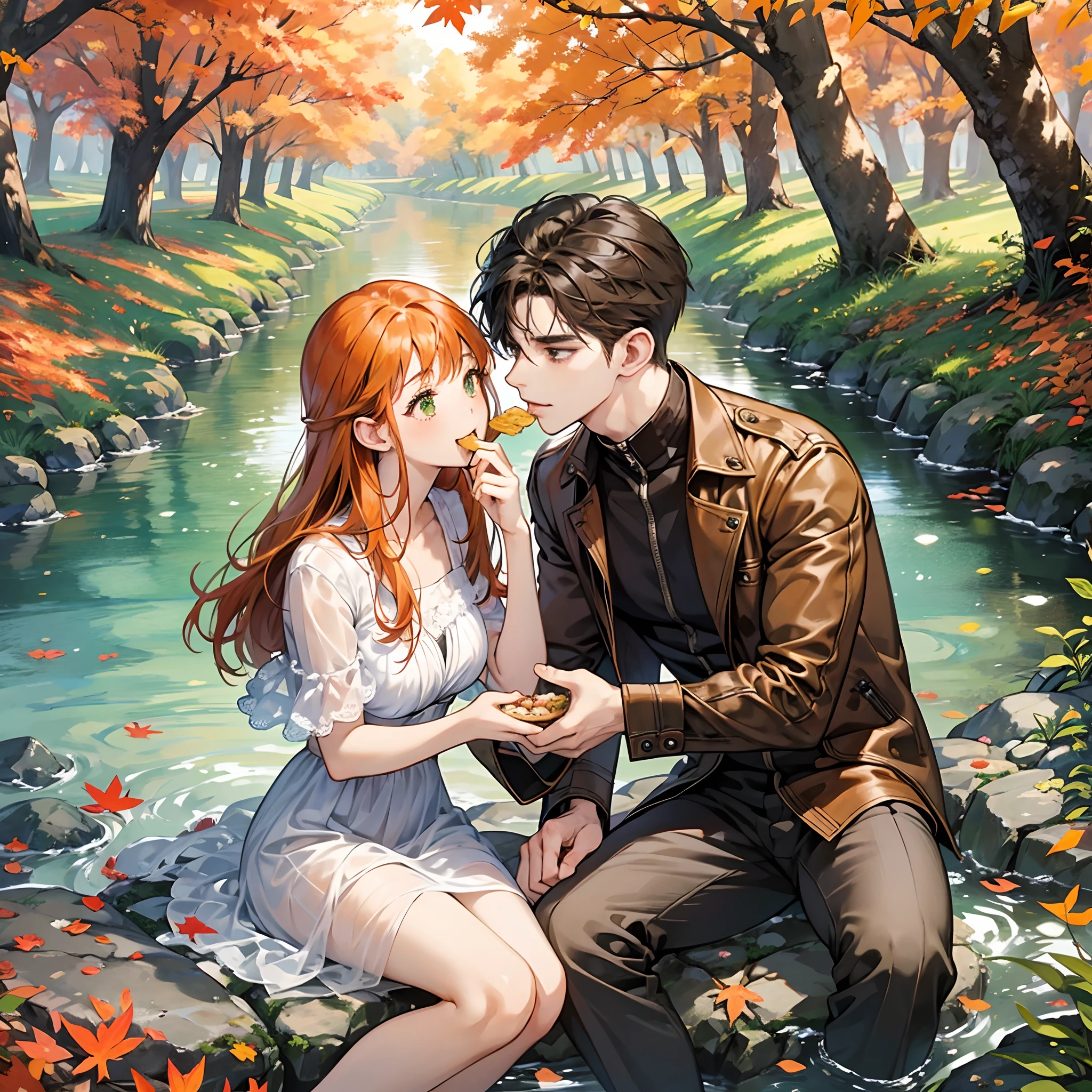 Romantic picnic at a river in autumn. Orange leafs are falling down into two characters. One is a cute ginger haired with green eyes anime girl, the other is a cute brown short haired with brown eyes anime man. They are feeding each other food. The man puts food in the mouth of the woman.