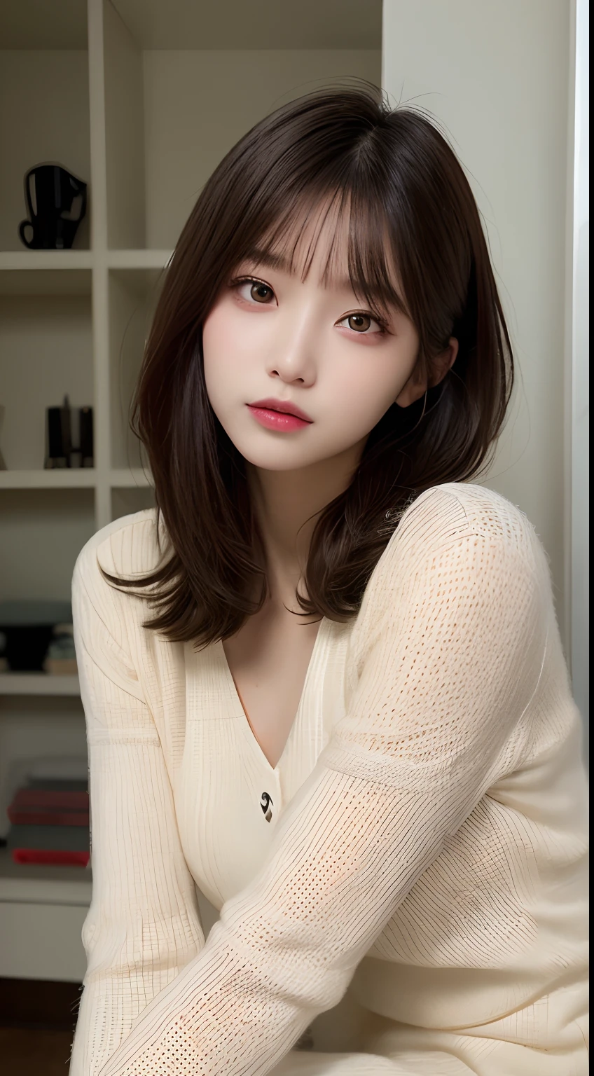 (masterpiece:1.5)、(8k)、(Photorealsitic:1.5)、Raw photography、(Top image quality:1.4)、(sharp focus:1.5)、 (PurerosFace_v1:0.5)、
top-quality、masterpiece、超A high resolution、Soft lighting、
23 years old、Slender、prety woman:1.4、serious facial expression、
In the living room where the morning sun shines、 Sitting on a cozy sofa、
she is wearing a red knitted sweater.、
light brown hair、poneyTail、Glowing hair、
Super Detail Face、A detailed eye、double eyelid、
Natural color lip、Transparent skin、