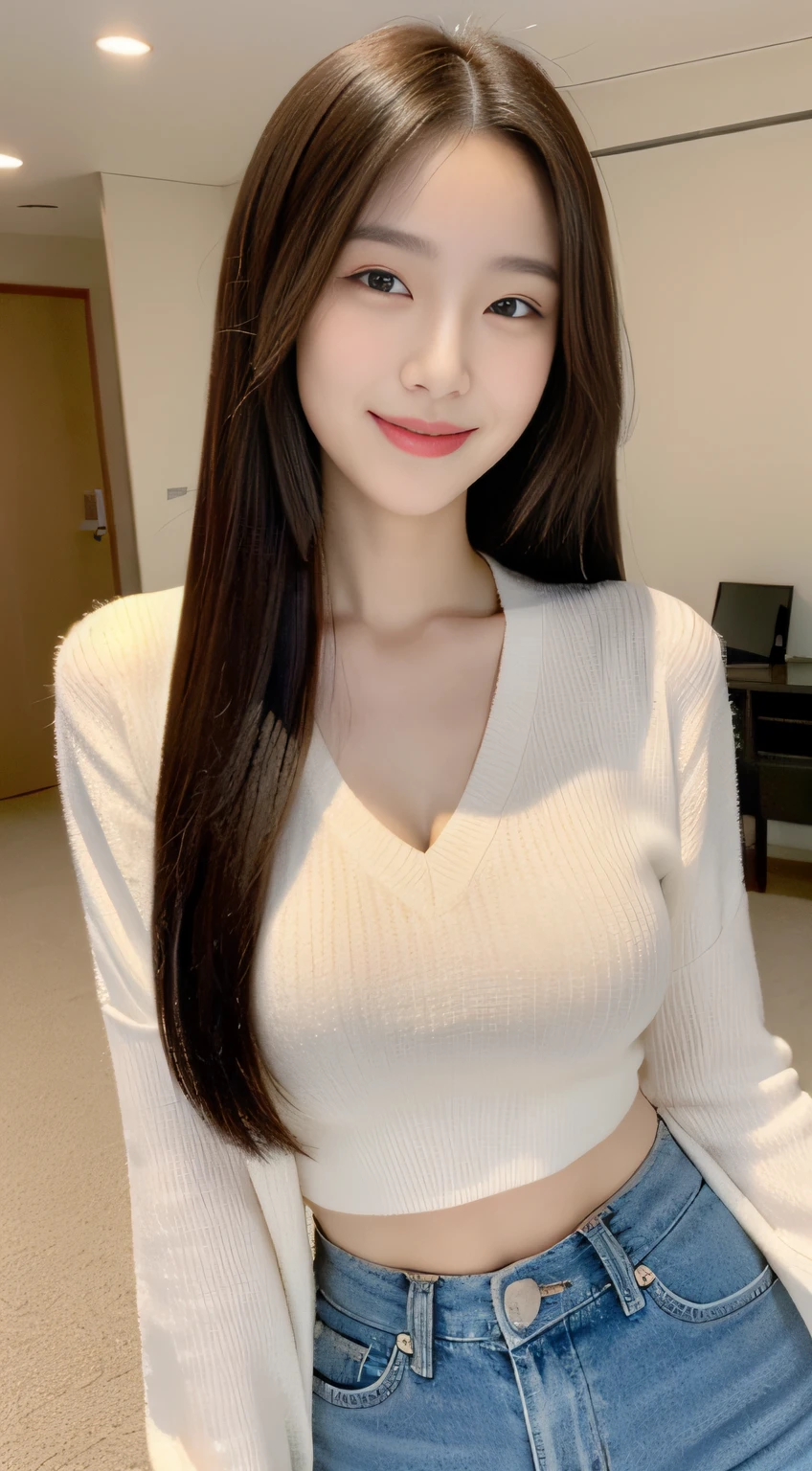 ((Top  Quality, 8K, ​masterpiece: 1.3)), 1woman, 20yo, Korean female idols: 1.5, Slender abs beauty: 1.3, (Hairstyle casual, large full breasts: 1.1), S-line body, Perfect Body:1.3, Full Makeup: 1.1, casual:1.3, Ultra-fine face, A detailed eye, Double eyelidd, Sorrisos, Location Random: 1:2