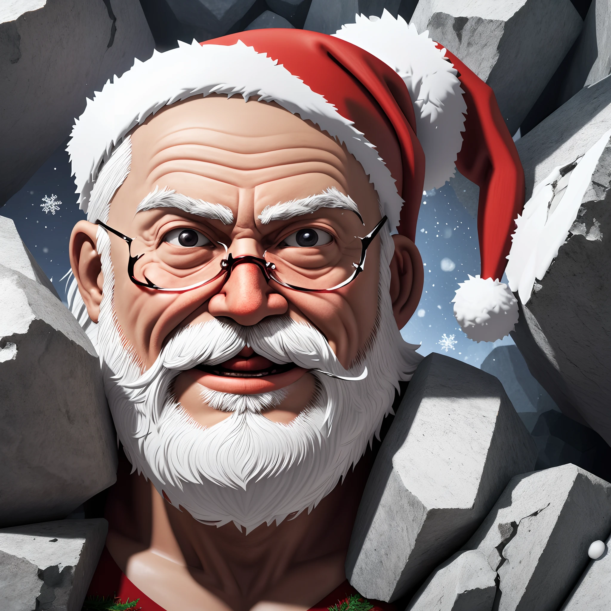 Christmas happy Santa 3d wallpaper sticker by adria, in the style of distorted and fractured, detailed background elements, frontal perspective, cracked, stone, close up, destructive
