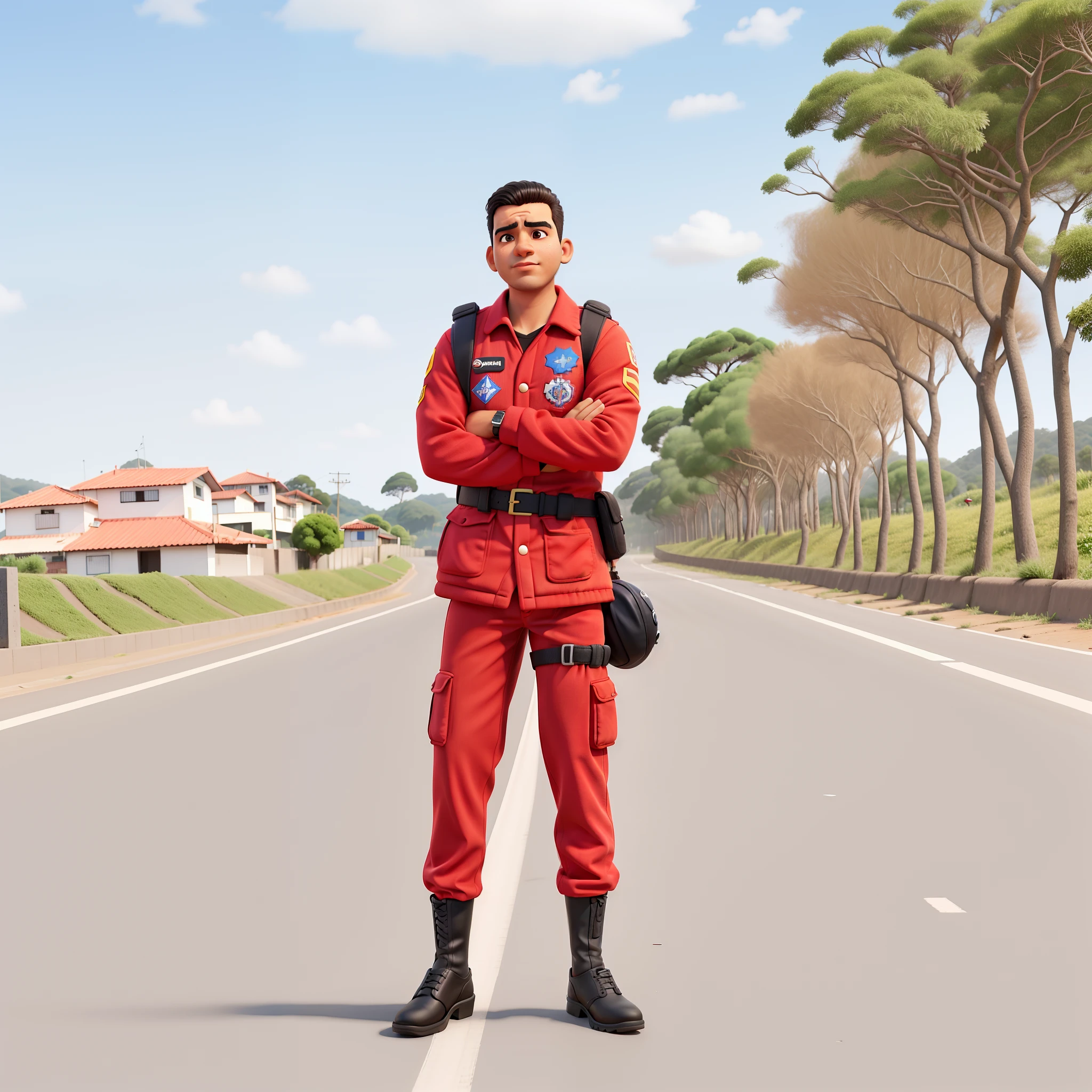 Bombeiro em uma estrada com a cara de mal.