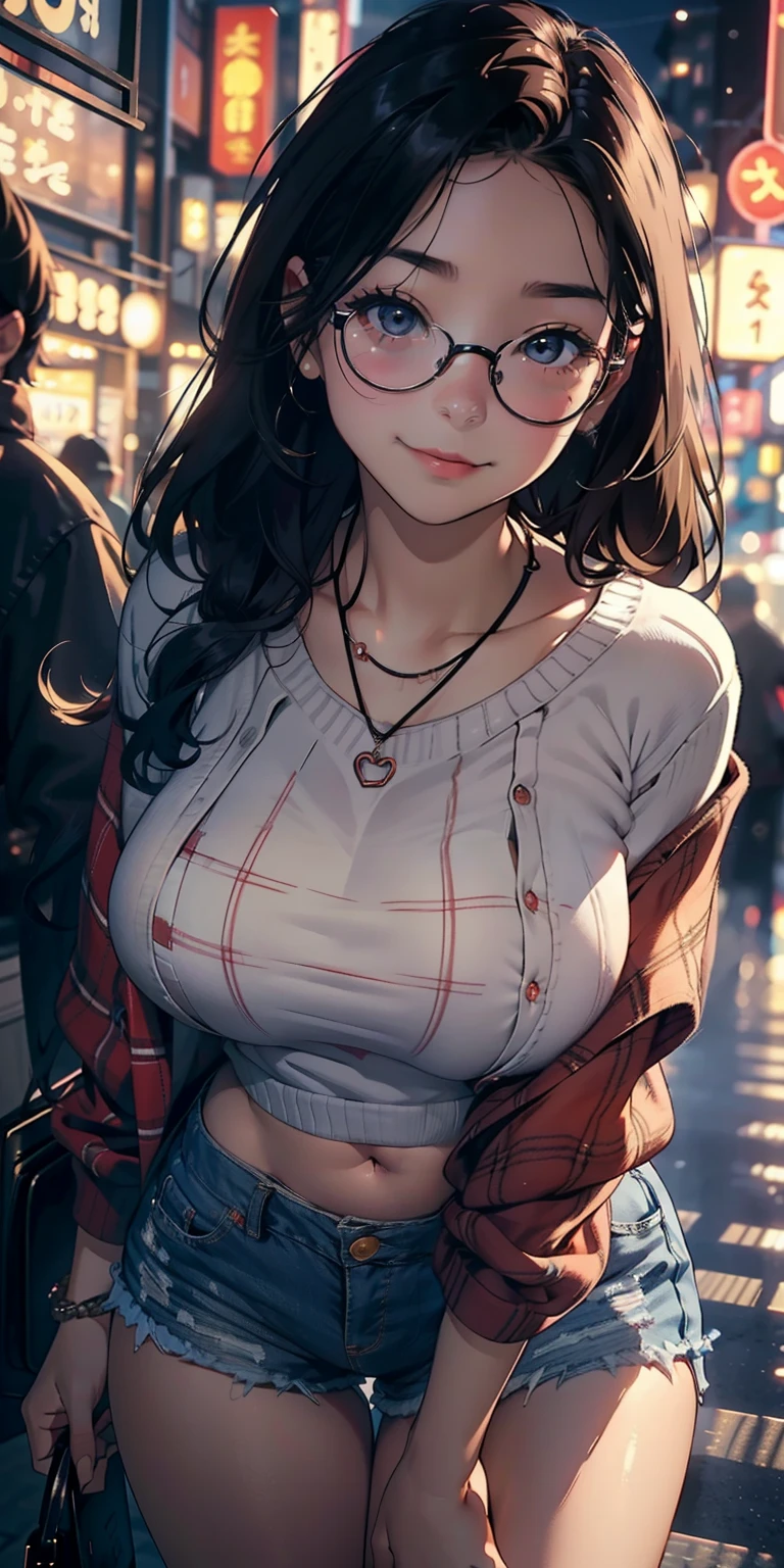 realisticlying、 girl、Super close-up looking up from below、Breasts enlarged、Wear a cropped sweater that emphasizes the lower breasts、Wear plaid shorts、Slightly thicker emphasis on thighs、Wearing glasses、Versatile sexy poses、Tokyo on Christmas Night、Face smile、Face Real