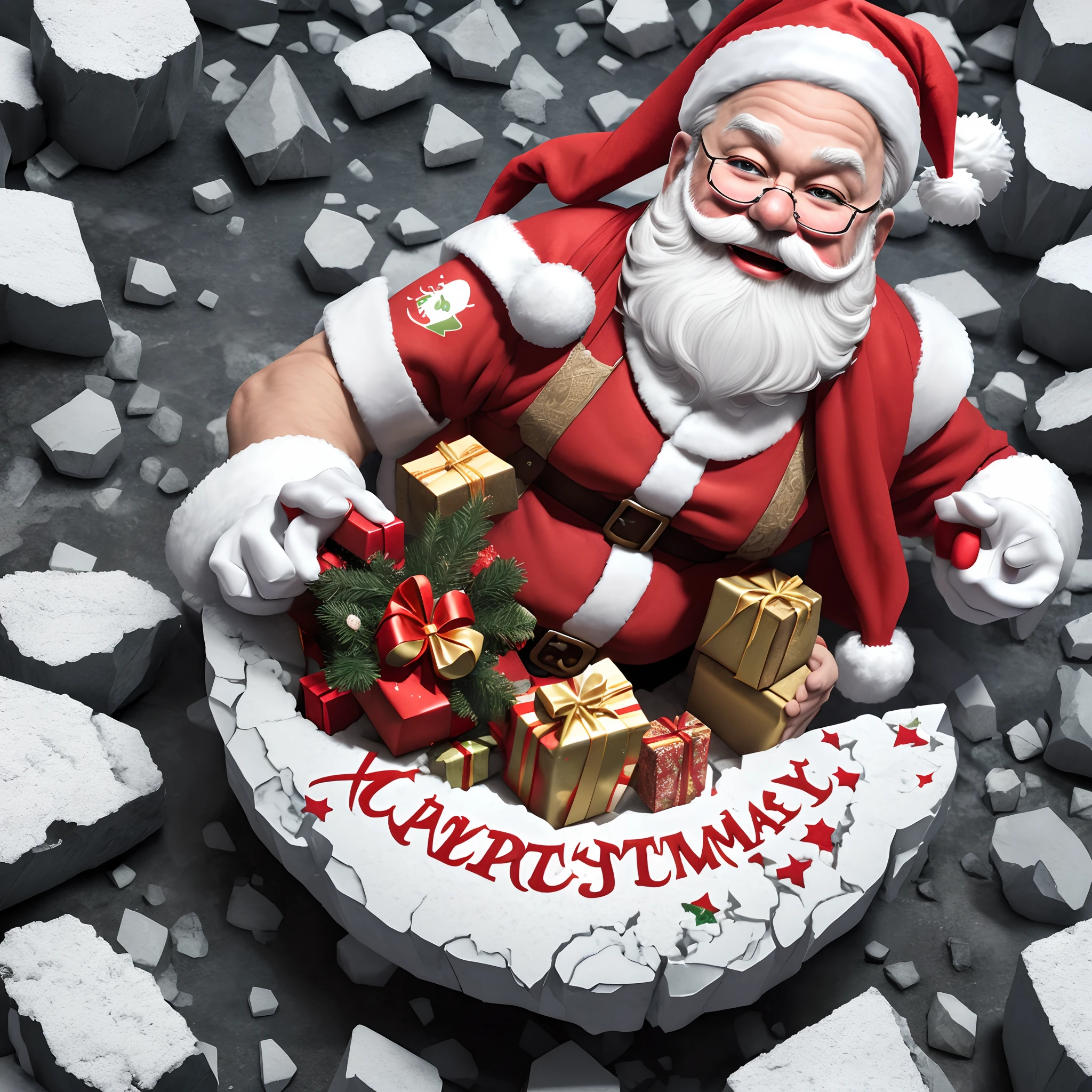 Christmas happy Santa 3d wallpaper sticker by adria, in the style of distorted and fractured, detailed background elements, frontal perspective, cracked, stone, close up, destructive