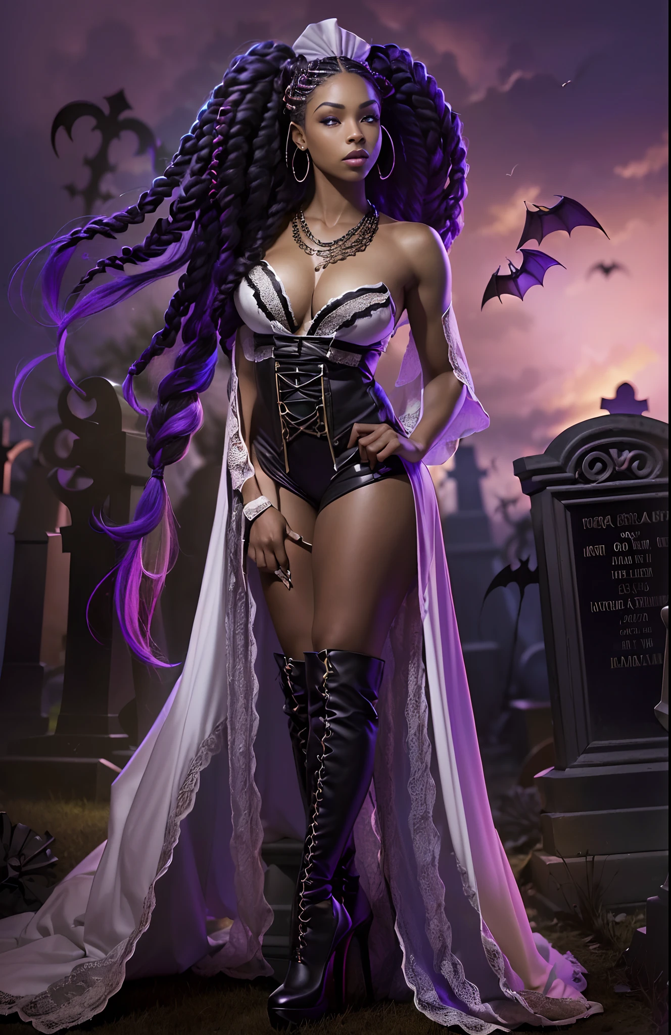 ((29-year-old))) black girl, (((light skin))), (((vampire))), (((New Orleans cemetary, early 20th centurynight time during mardi grad))), (((bats flying around)))dusk, (((close-up full body pose))), (((long white braided hair))), high heel boots, (((wearing period clothing))), dark fantasy art, Rich, Deep Colours, (intricate details:0.9), (HDR, hyper-detailing:1.2), (natural skin textures, hyper realisitc, soft light, Sharp),