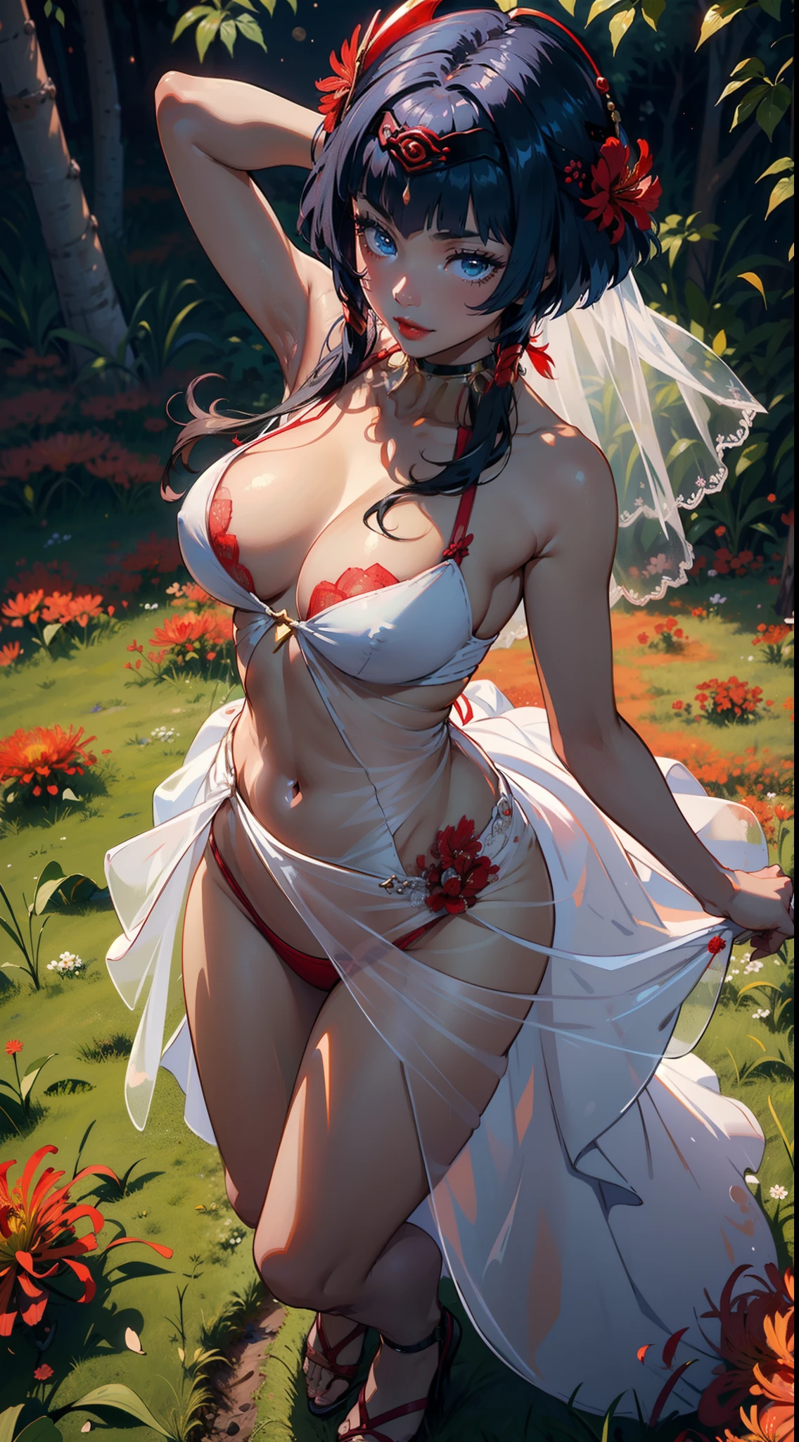 Masterpiece,(ultra detail), (detail face), (girl standing on red spider lily flower field),(showing a beautiful sky full of stars), (wedding dress), sexy, erotic, large breast, dynamic pose, beautiful, red lip, eyeshadow, smile,flowers blown by the wind, soft breeze,