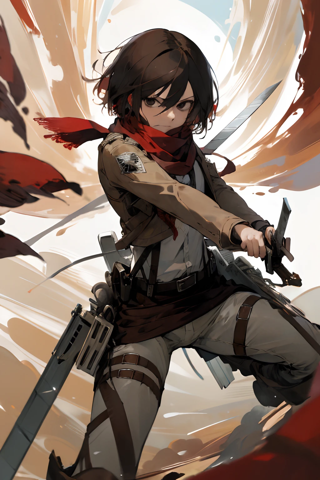 masterpiece, best quality, highres, hmmikasa, short hair, black eyes, scarf, emblem, belt, thigh strap, red scarf, white pants, brown jacket, long sleeves, holding weapon, sword, dual wielding, three-dimensional maneuver gear, fighting stance, sky,