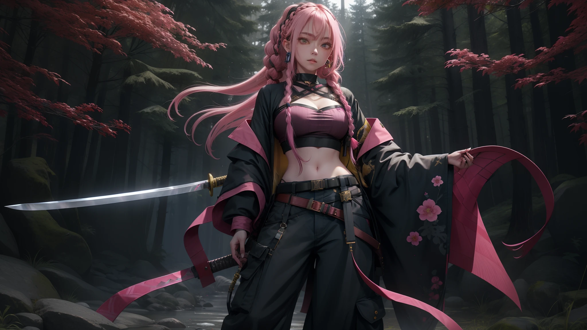 Nnja, pink long hair with  braids, yellow eyes, bangs, right hip star tattoo, hair ribbon, belt, g-string, cleavage, crop top, fishnet shirt, full body, dark forest, Edo era Japan, holding  katana, weapon, sword, half braided hair, tech wear, (insanely detailed, beautiful detailed face, masterpiece, best quality), 1girl, solo, baggy pants, navel, nose piercing