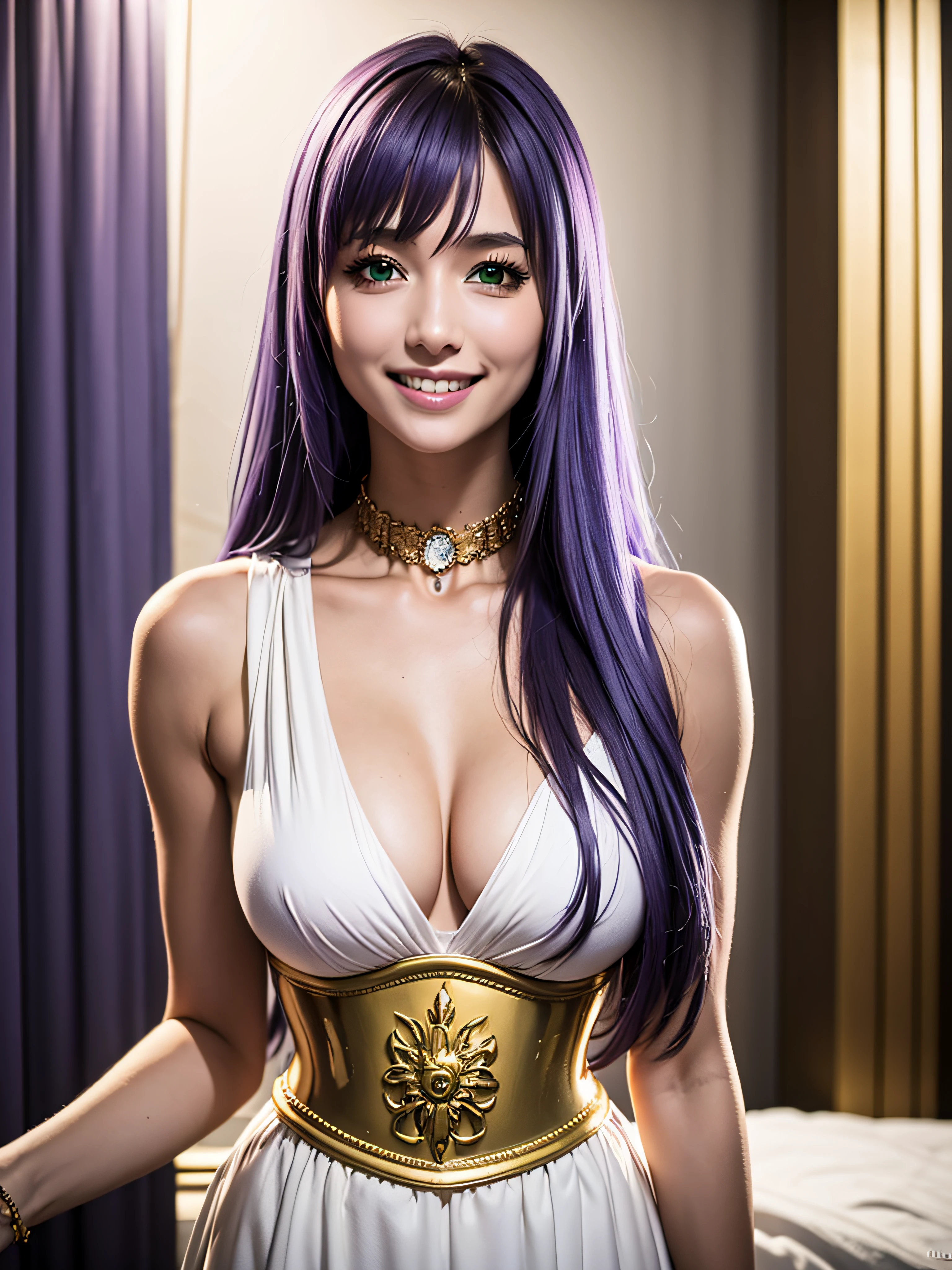 sasha, purple hair, long hair, green eyes, white dress, choker, long dress ,sleeveless, bare shoulder, cleavage, collarbone, golden accesories, corset, 1girl, solo, facing viewer, looking at viewer, upper body, smile.