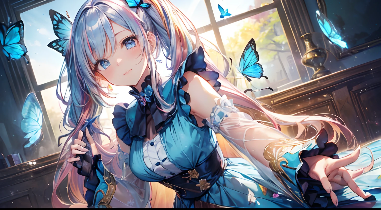 Golden light、rainbows、Heaven、angelicales、Deities、Luz Divina(masutepiece:1.3), (8K, Photorealistic, Raw photo, Best Quality: 1.4), Beautiful face, (Realistic face), Beautiful detailed eyes, (Realistic skin), Attractive, Intricate details,Golden ratio,  1 girl,Naughty smile, (rainbow hair:1.4),((Long twintails,Ribbon 1.4)),（looking-down),Dynamic Angle,ultra-detailliert, illustratio, gros-plan, Straight, One girl, (Fantasia:1.4), (azure eyes:1.233),Her eyes shone like dreamy stars,(radiant eyes:1.233) ,(beautiful and delicate eyes:1.1),((+(Bullhair flower:1.14)),(Chiffon dress,Blue floral pattern on uniform)/=(military outfits:1.24),(no sleeves,Wide sleeves),(Fingerless gloves),a choker,(Miko is not),high-heels,(deadpan,Mouth closure),(Standing), (classical Princess boudoir with dressing tableand french windowin a white ancient palaces),(white blossoms、florals),(abyssal),(flowingwater),(a dull blue world tree:1.14),(Ruins),(natta:1.2 ),Dreamy,Seoul,(fluorescent),(Translucent blue butterfly flight:1.15),[[Delicate fingers and hands:0.55]::0.85],(Fine fingers),(yubao:0.5)