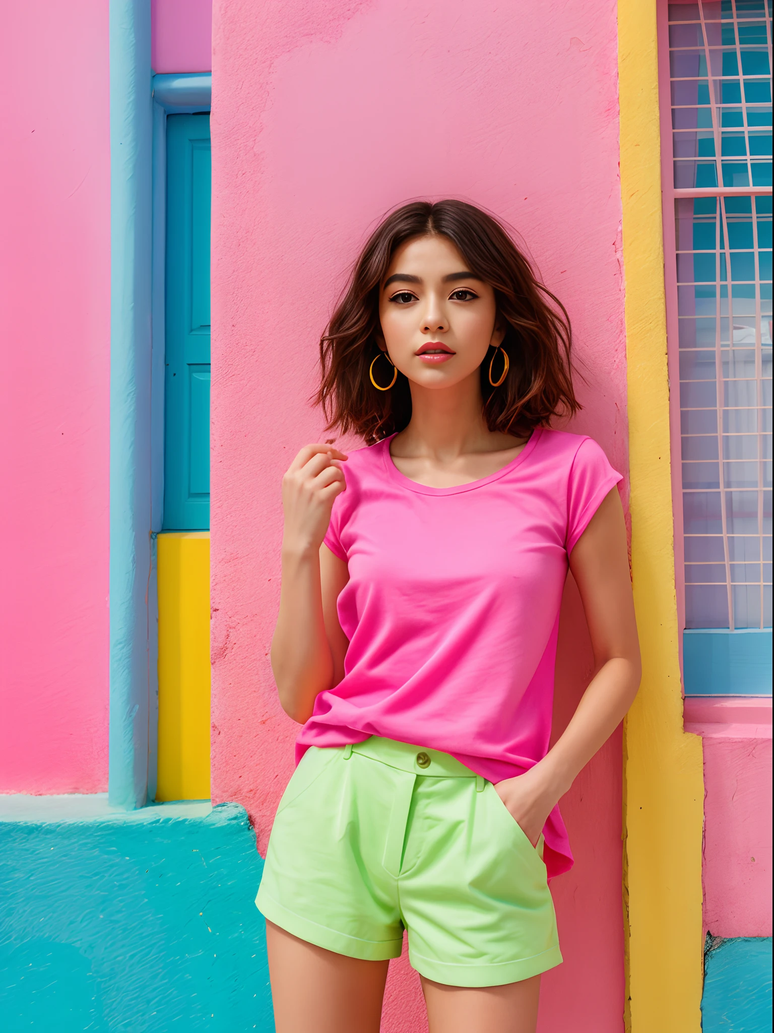 Arafed woman in pink shirt and shorts standing in front of colorful buildings, roupas pastel, bold pastel colors, bright pastel colors, saturated pastel colors, pastel-hued, pastel-hued, moda colorida, vibrant pastel colors, vivid pastel colors, cor pastel brilhante, apenas cores pastel, Bloqueio de cores, pastel hues, rich vivid pastel colors, bright pastel colors