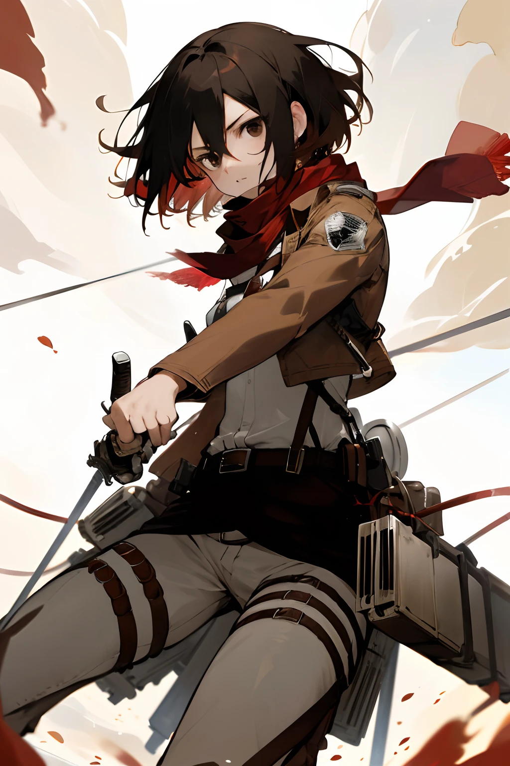 masterpiece, best quality, highres, hmmikasa, short hair, black eyes, scarf, emblem, belt, thigh strap, red scarf, white pants, brown jacket, long sleeves, holding weapon, sword, dual wielding, three-dimensional maneuver gear, fighting stance, sky,