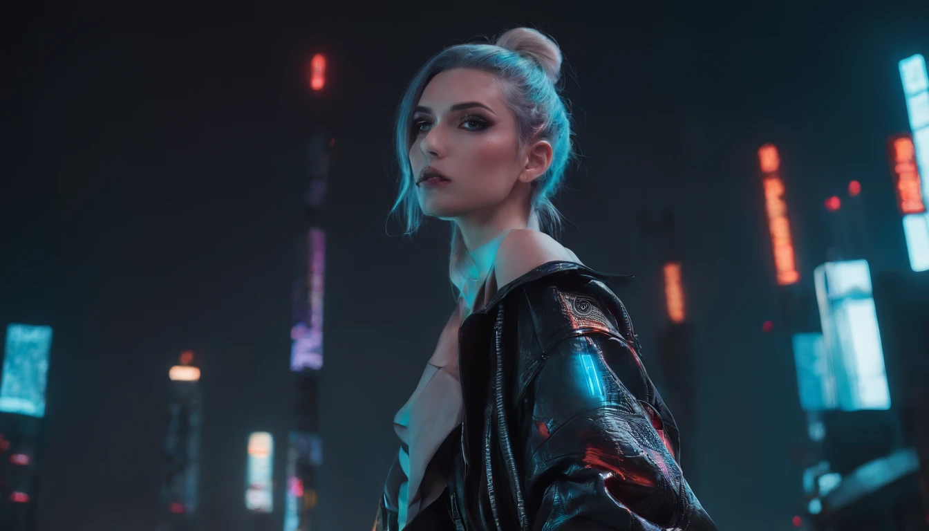 Beautiful woman at night in a cyberpunk city