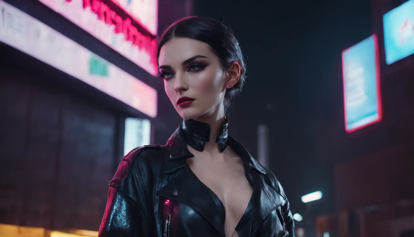 Beautiful woman at night in a cyberpunk city