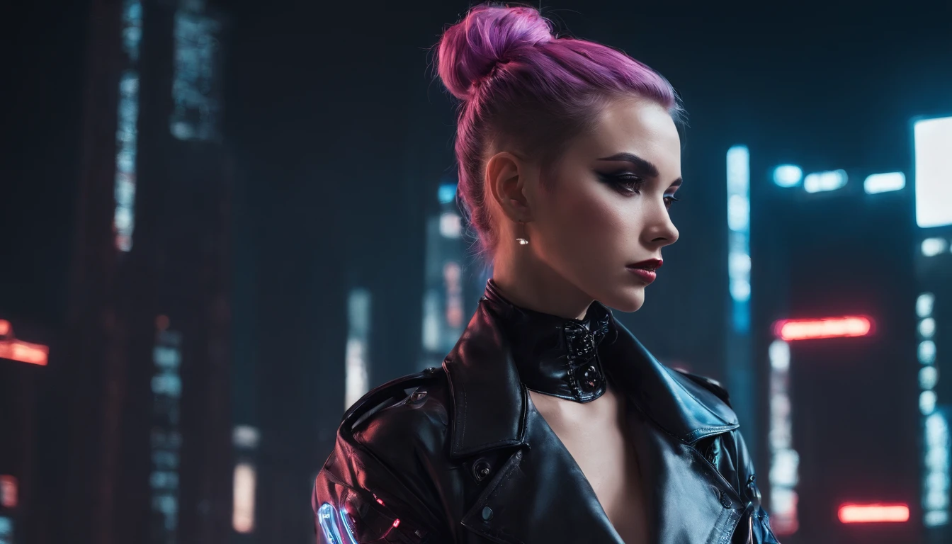 Beautiful woman at night in a cyberpunk city