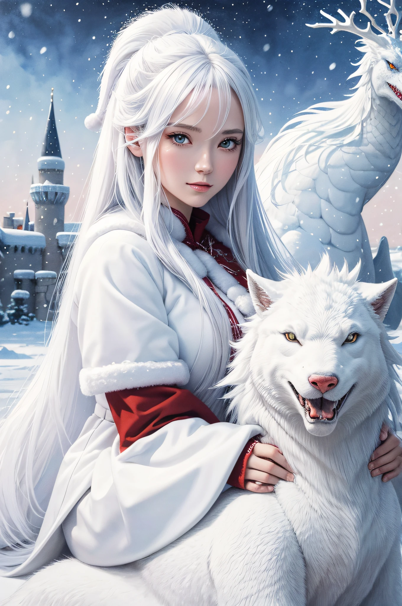 christmas card, a 20-year-old snow maiden with long white hair, warmly dressed in a white fur coat, against the background of a beautiful winter castle, full-length, sitting in the snow, a highly detailed beautiful face, and a white dragon nearby, winter, magic lightning, Bilibin's painting style, watercolor, artstation trend, sharp focus, studio photography, complex details, high detail, realistic pastel drawing