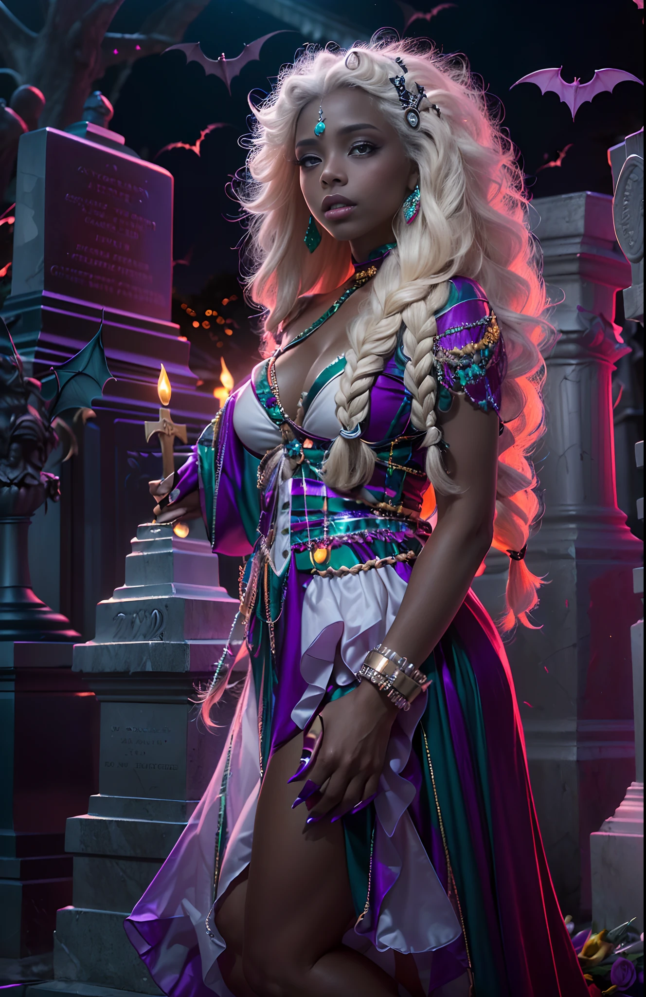 A cute woman (dark elf, pitch black skin, violet eyes, silver hair, spider silk woven gown, bloody hands) is moving tp a spider altar carrying a bowl of bloody hearts