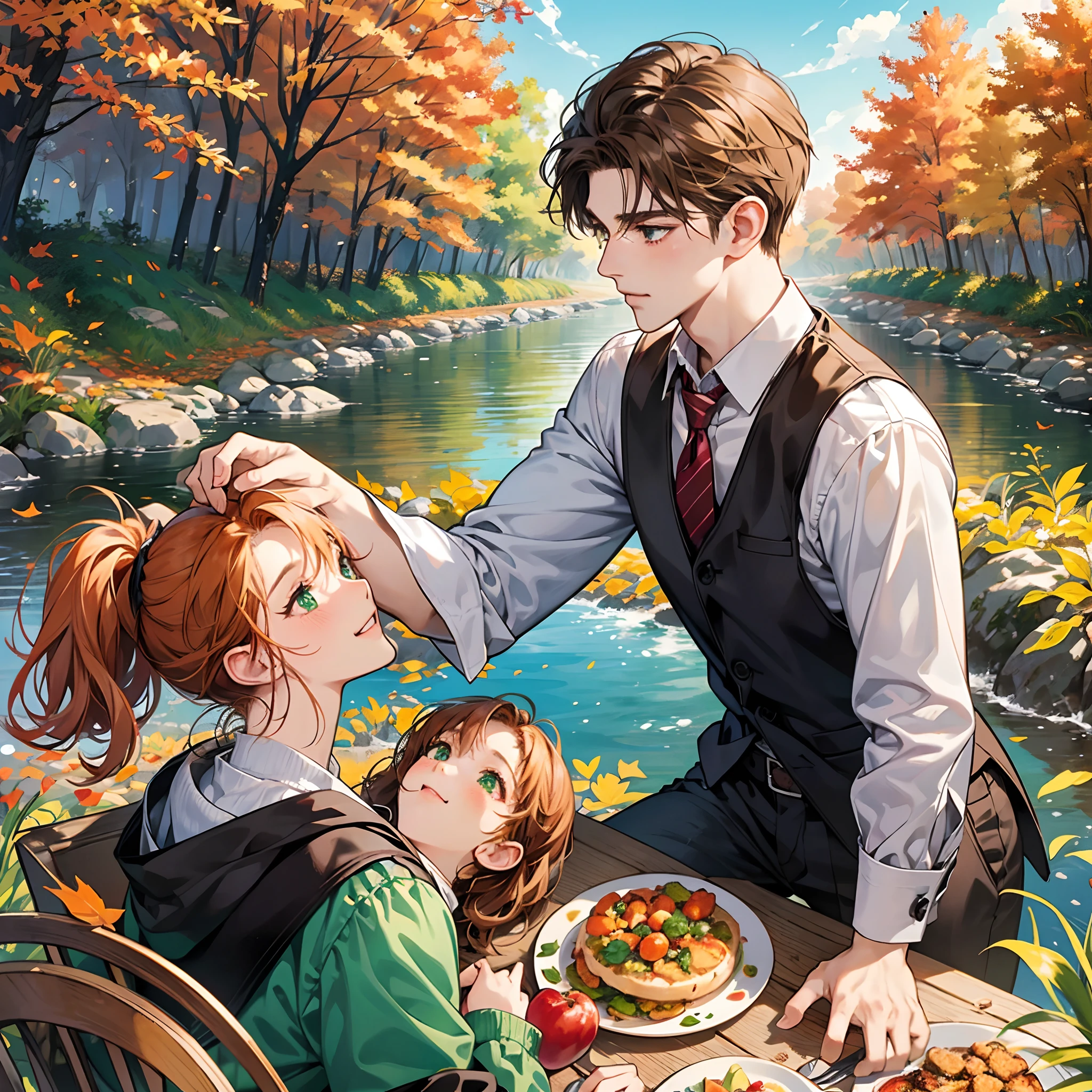 Romantic picnic at a riverbank in autumn. Orange leafs are falling down into two characters. One is a cute ginger haired with green eyes anime girl, the other is a cute brown short haired with brown eyes anime man. They are feeding each other food. The man puts food in the mouth of the woman. The woman is happy and blushing.