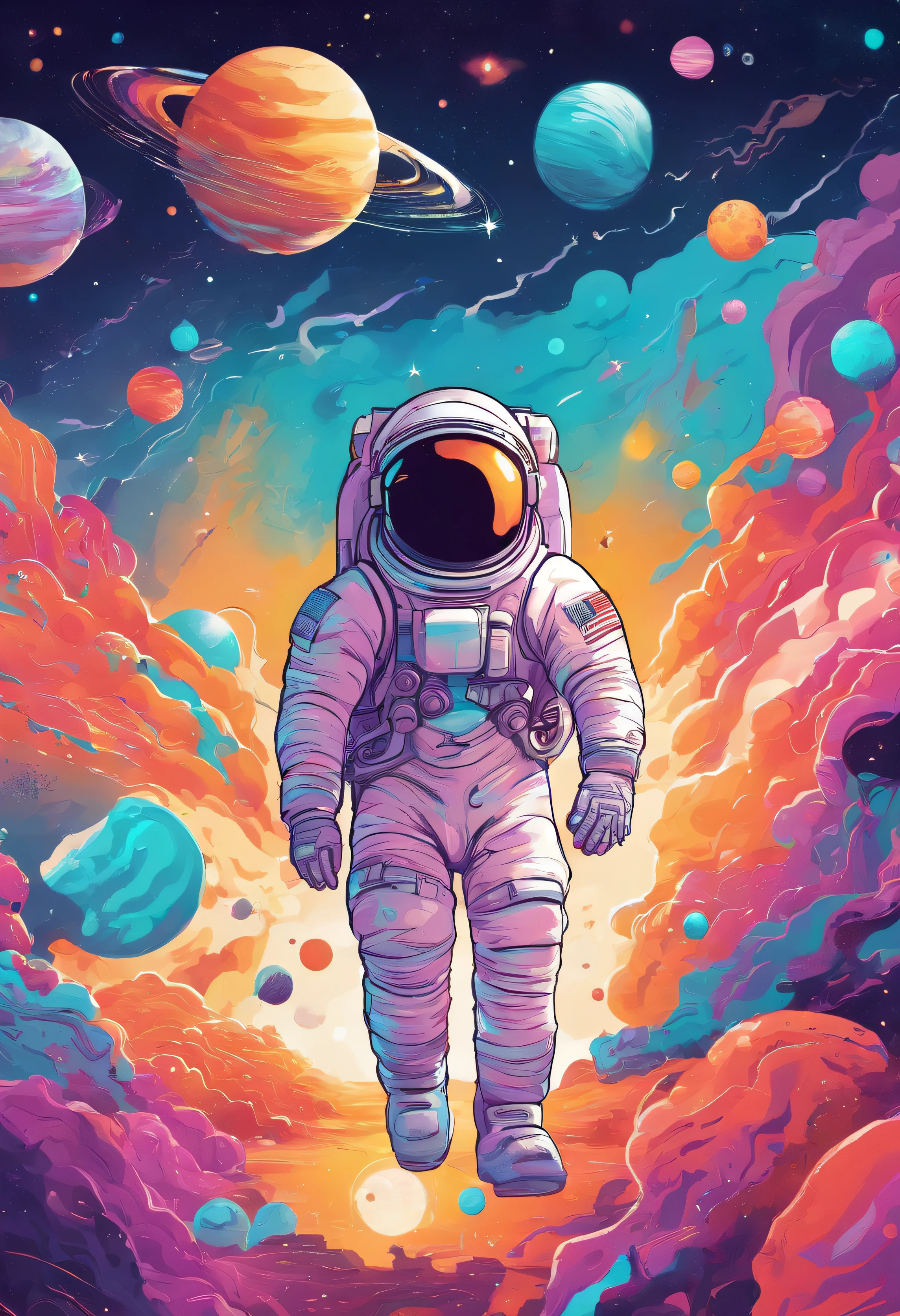 Create a joyful and vibrant digital art illustration of a cheerful astronaut in a whimsical, outer space setting. Use a bright and happy color palette to bring the astronaut to life, and design a background that includes playful elements like colorful planets, smiling stars, and floating ice cream cones. Make sure the astronaut is portrayed in a lighthearted and animated manner, evoking a sense of wonder and happiness. This artwork will be perfect for a sticker that spreads joy and positivity