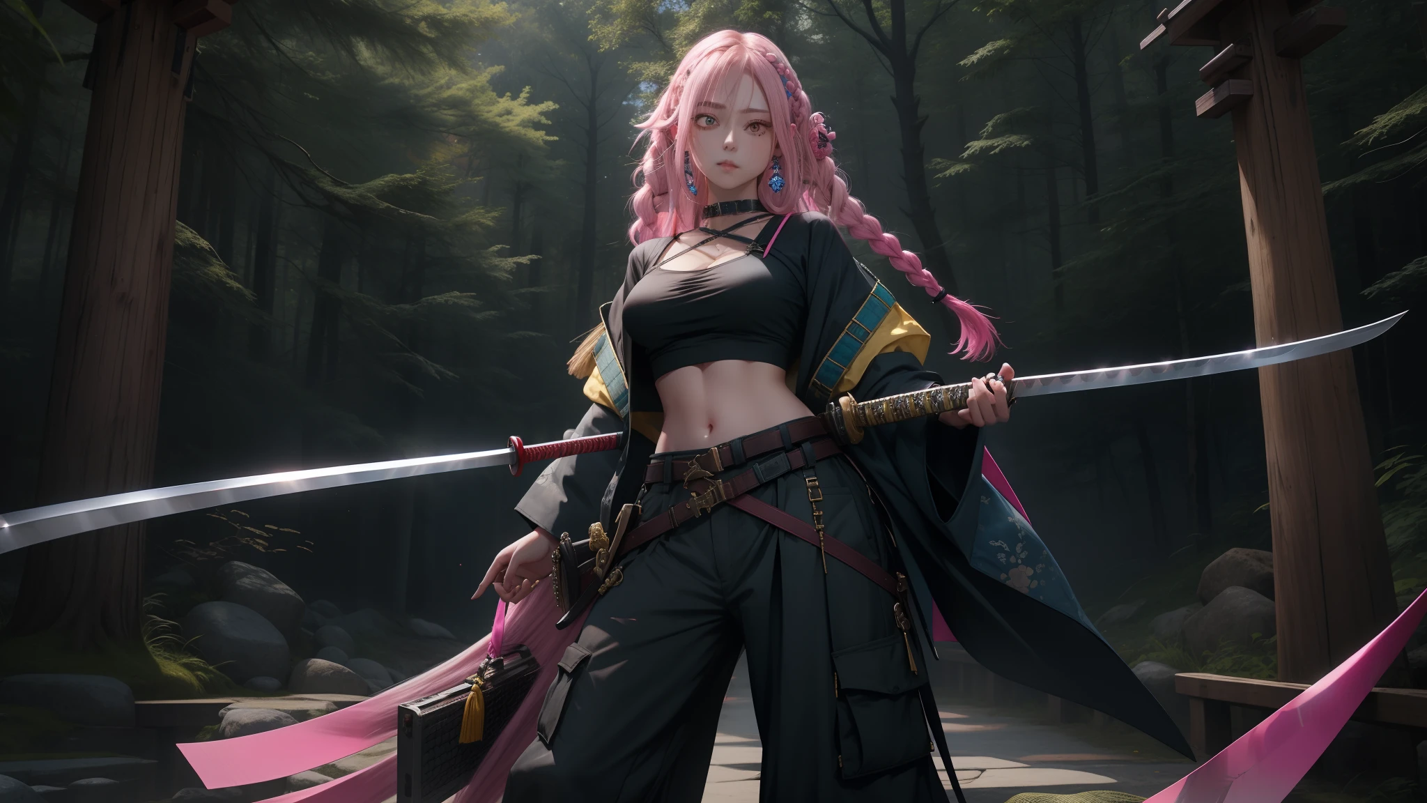 Nnja, pink long hair with  braids, yellow eyes, bangs, right hip star tattoo, hair ribbon, belt, g-string, cleavage, crop top, fishnet shirt, full body, dark forest, Edo era Japan, holding  katana, weapon, sword, half braided hair, tech wear, (insanely detailed, beautiful detailed face, masterpiece, best quality), 1girl, solo, baggy pants, navel, nose piercing