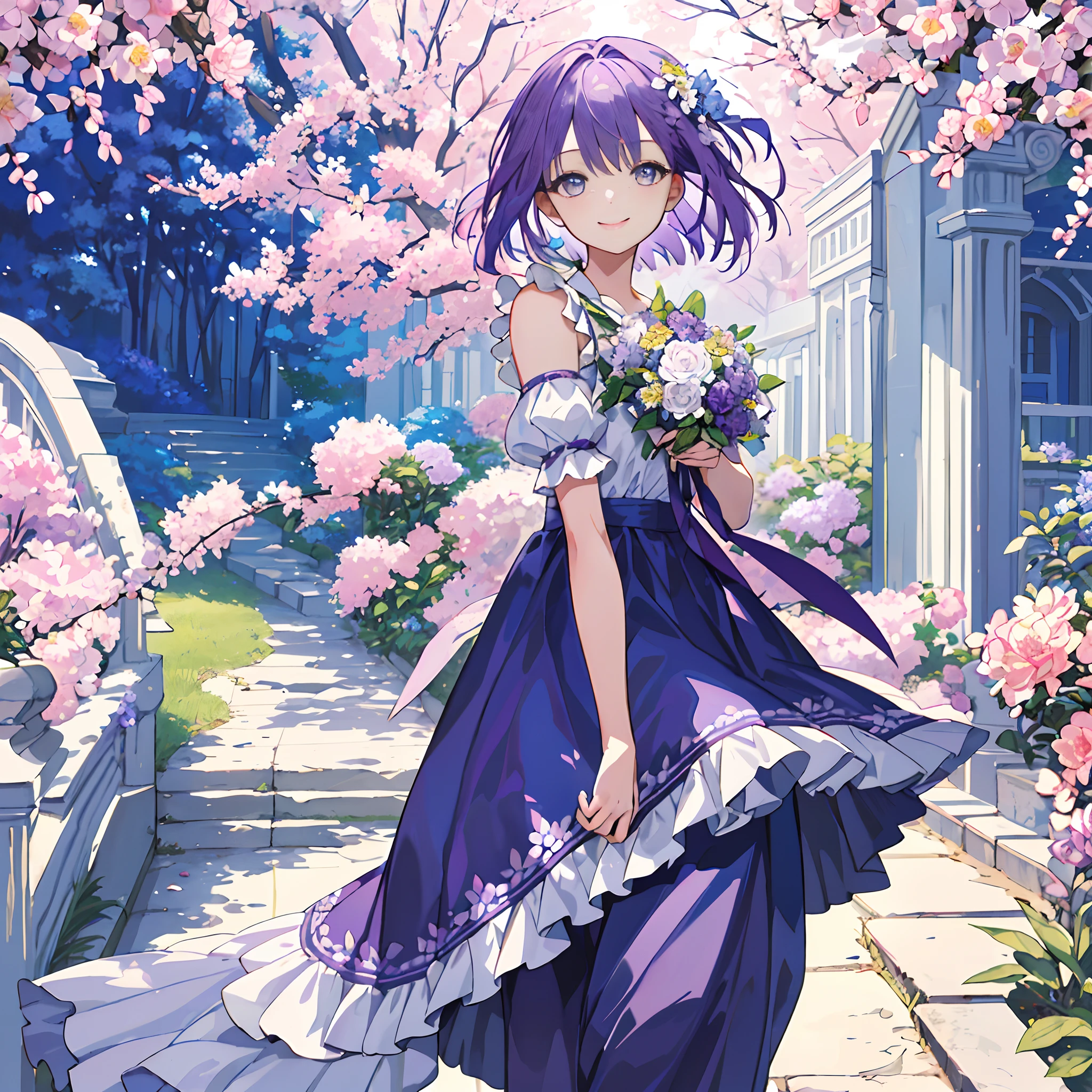 (masterpiece、top-quality、illustratio、Extremely high quality、high-level image quality、Extremely sensitive writing)Girl with purple hair short bob standing in a garden with beautiful purple gardens、a smile、She holds a bouquet of Shion flowers、A cute dress with protruding shoulders、Hair fluttering in the wind