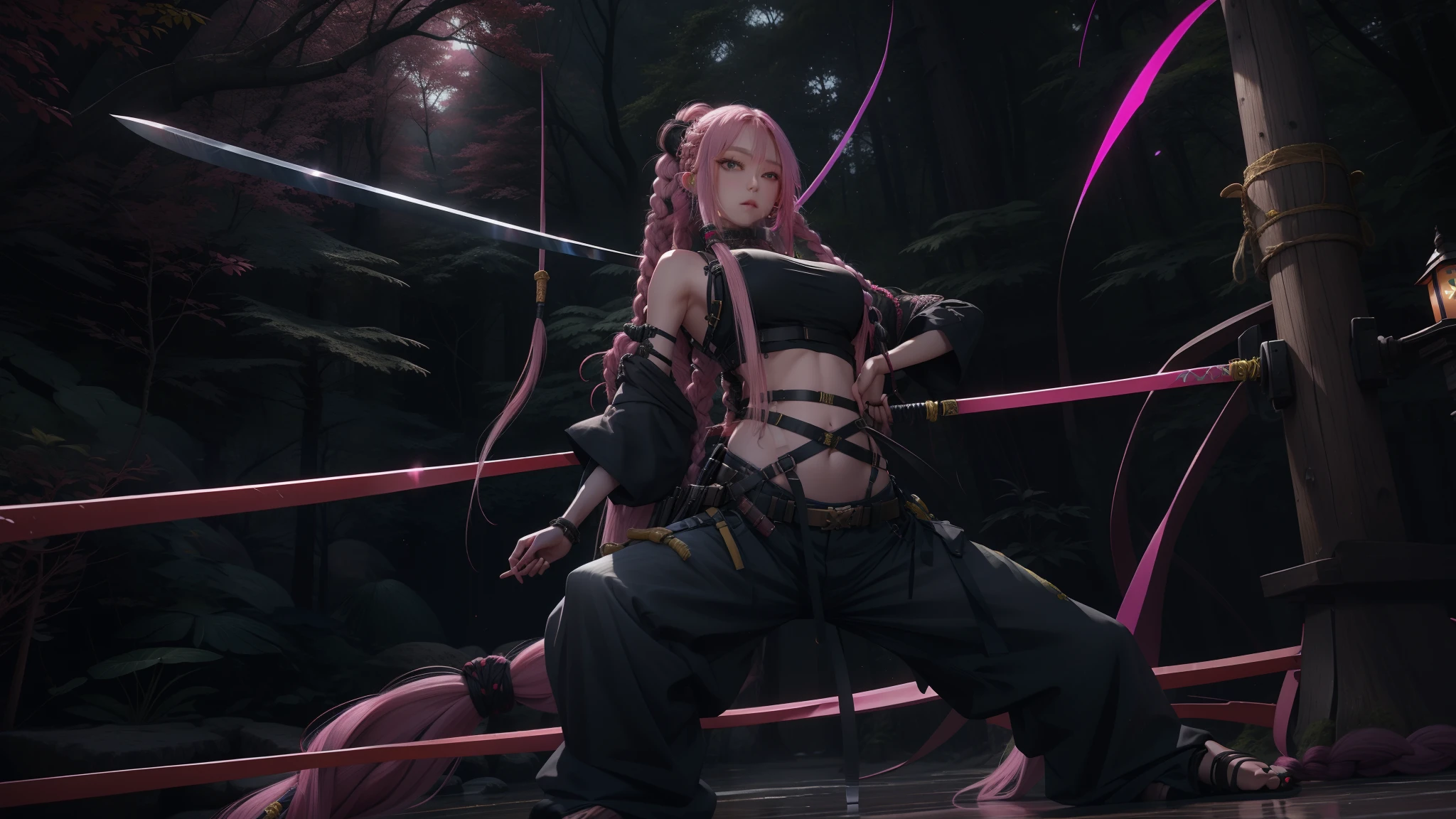 Nnja, pink long hair with braids, yellow eyes, bangs, right hip star tattoo, hair ribbon, belt, g-string, cleavage, crop top, fishnet shirt, full body, dark forest, Edo era Japan, holding katana, weapon, sword, half braided hair, tech wear, (insanely detailed, beautiful detailed face, masterpiece, best quality), 1girl, solo, baggy pants, navel, nose piercing